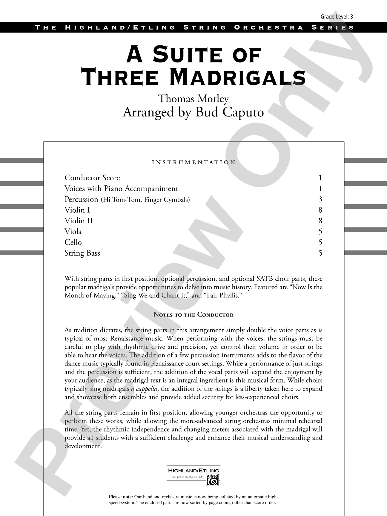 A Suite of Three Madrigals: String Orchestra Conductor Score & Parts