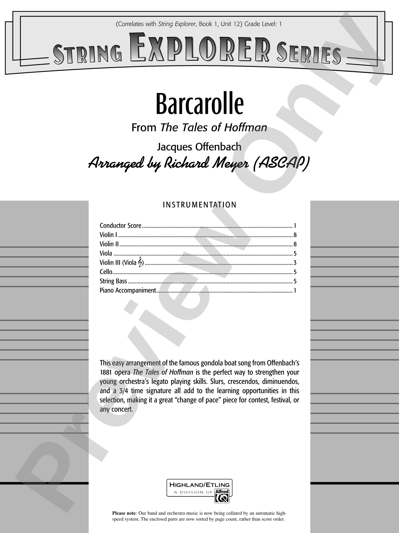 Barcarolle (from The Tales of Hoffman): String Orchestra Conductor Score & Parts