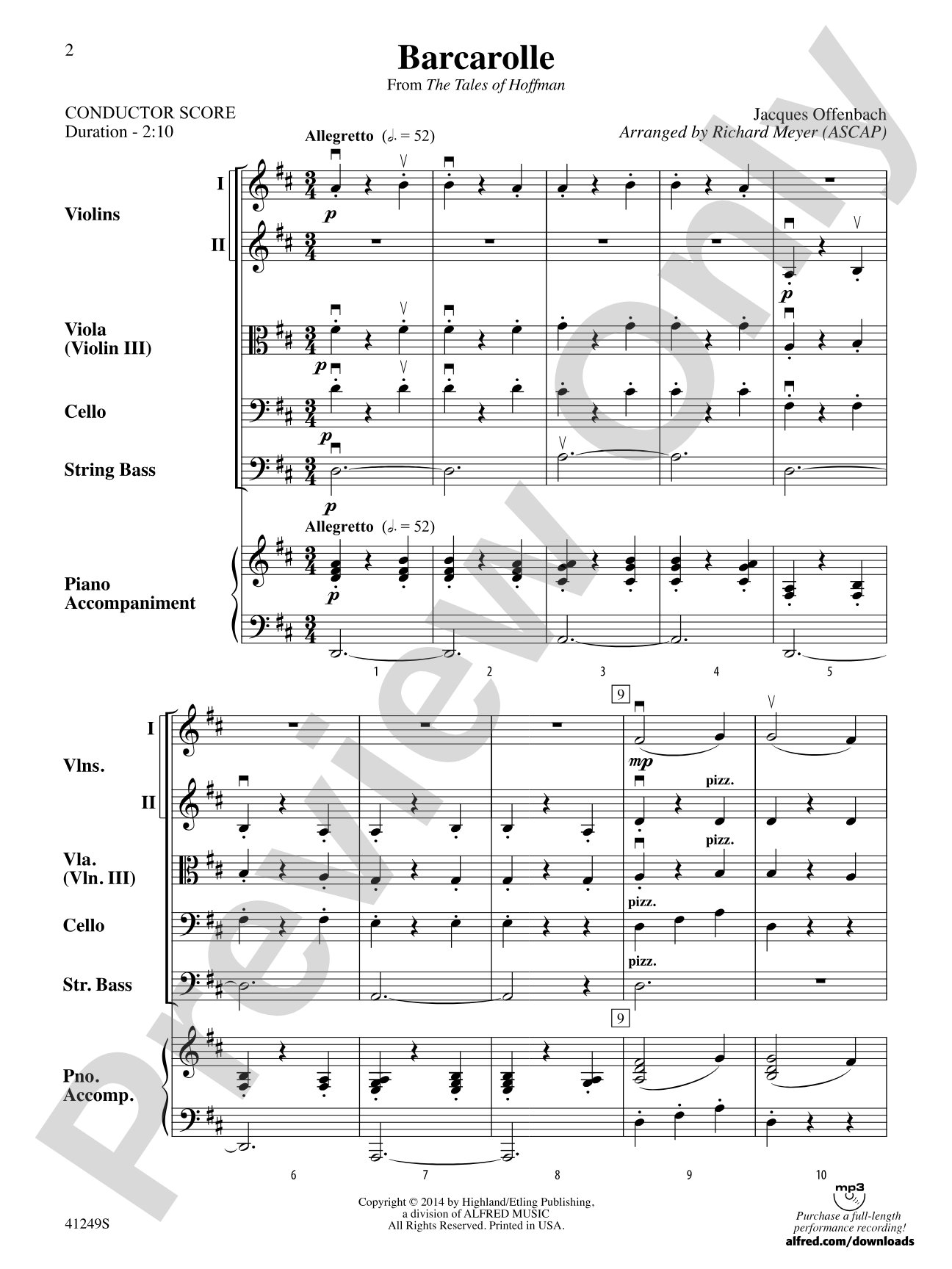 Barcarolle (from The Tales of Hoffman): String Orchestra Conductor Score & Parts