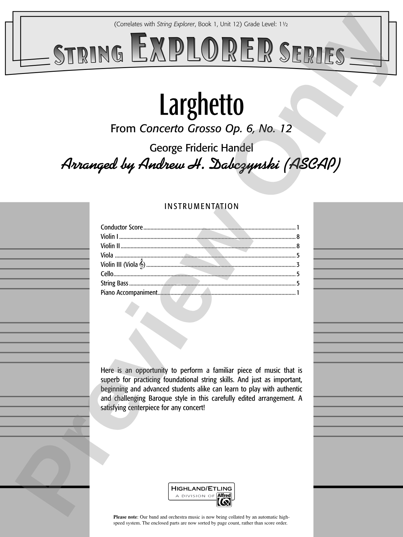 Larghetto (from Concerto Grosso Op. 6, No. 12): String Orchestra Conductor Score & Parts