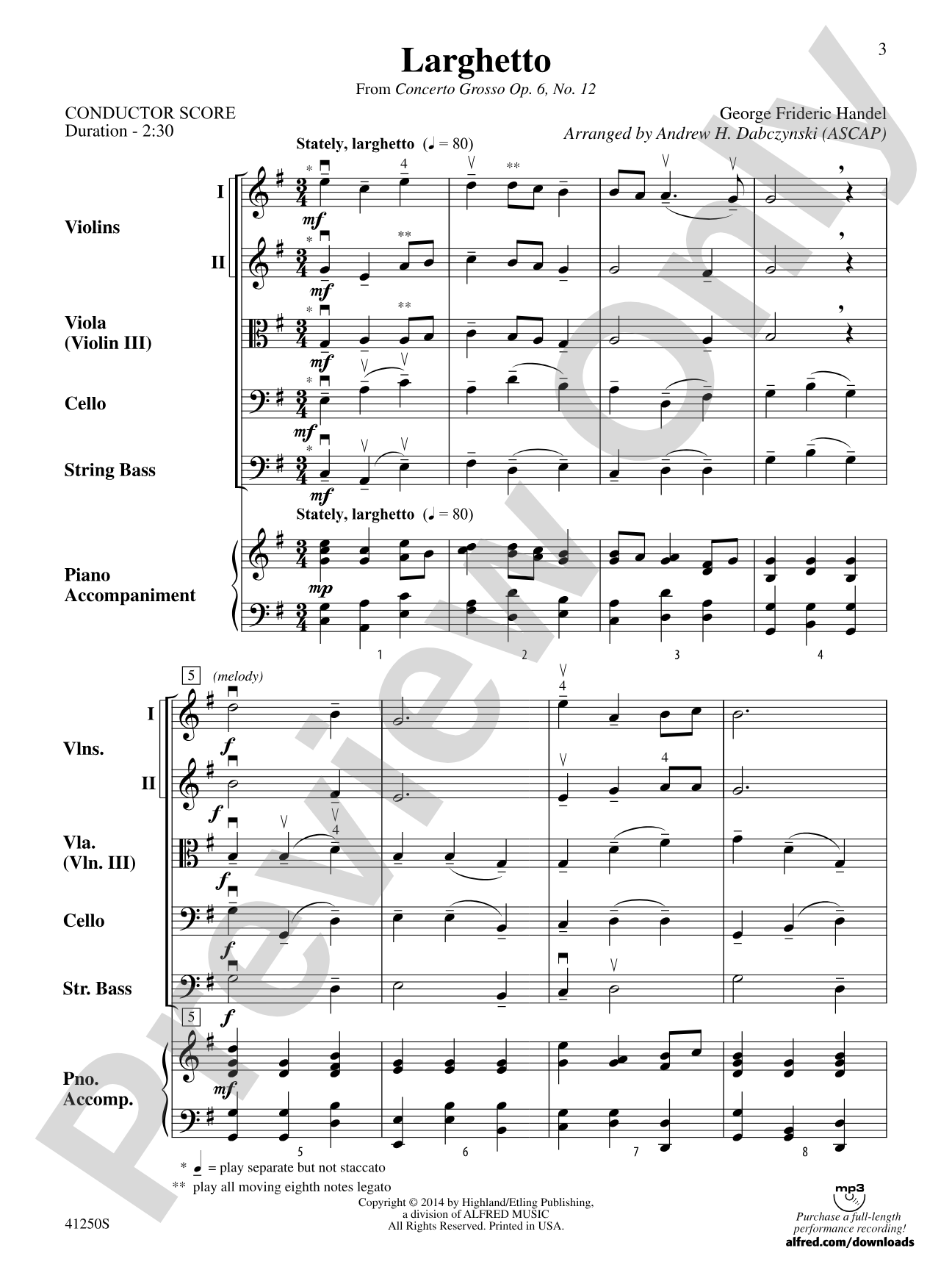 Larghetto (from Concerto Grosso Op. 6, No. 12): String Orchestra Conductor Score & Parts