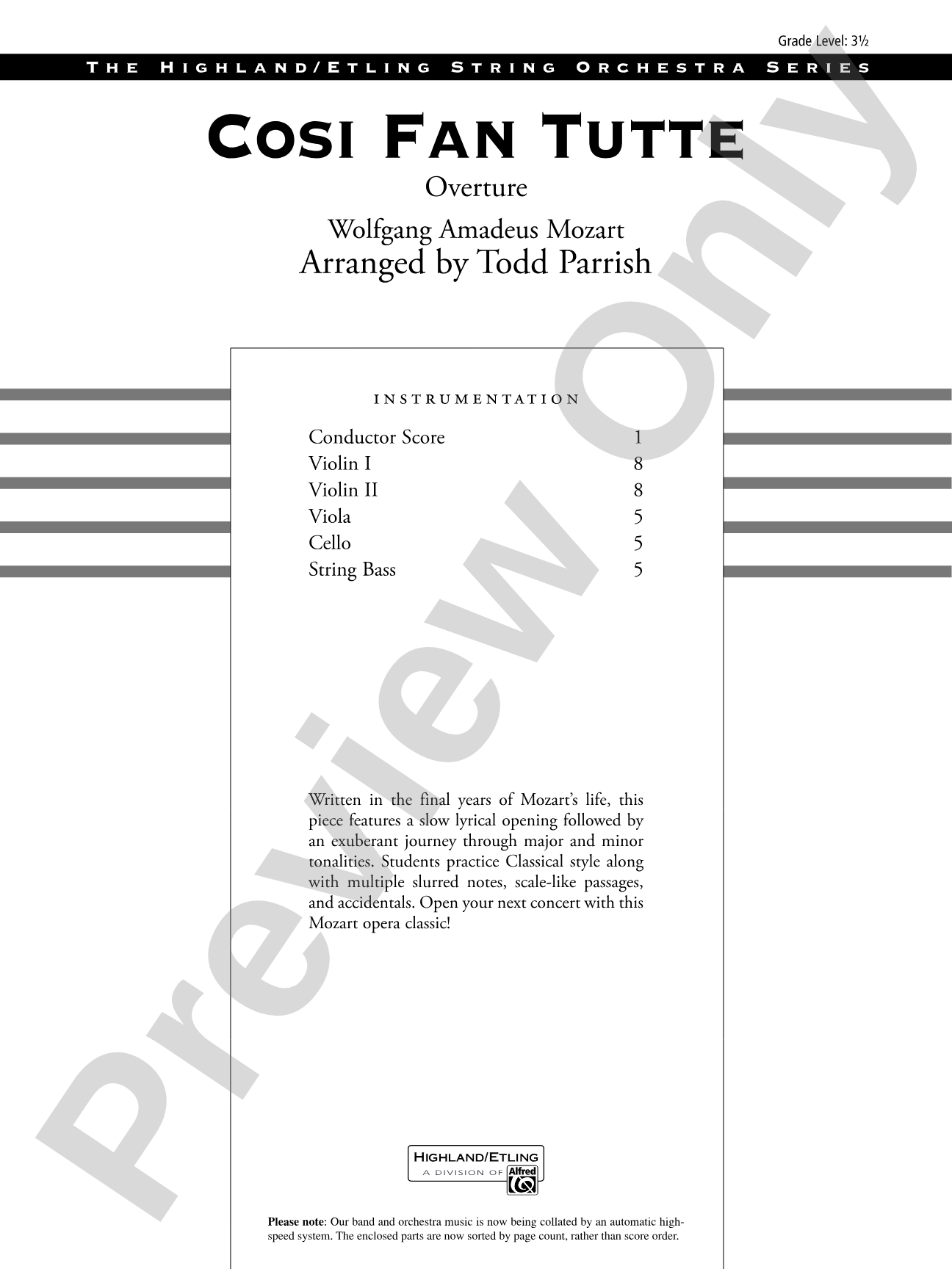 Cosi Fan Tutte: String Orchestra Conductor Score & Parts