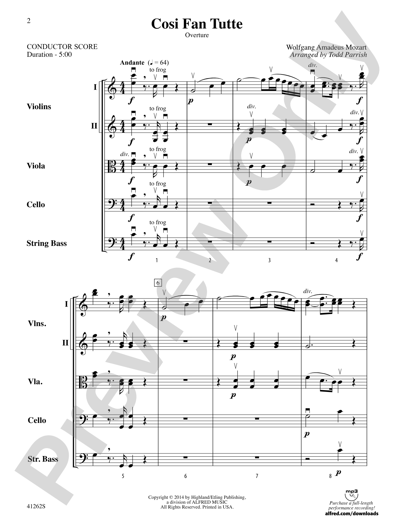 Cosi Fan Tutte: String Orchestra Conductor Score & Parts