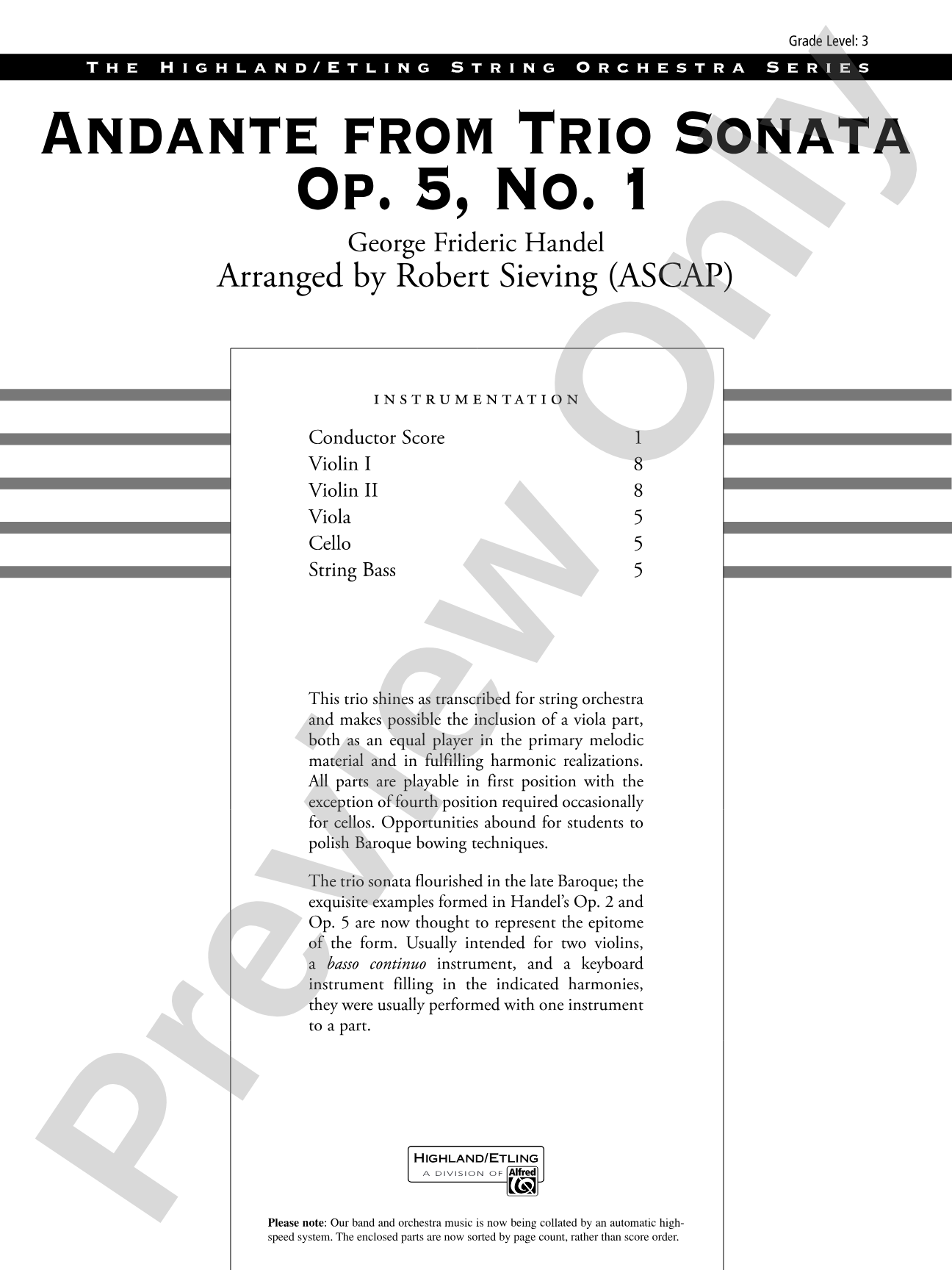 Andante from Trio Sonata Op. 5, No. 1: String Orchestra Conductor Score & Parts