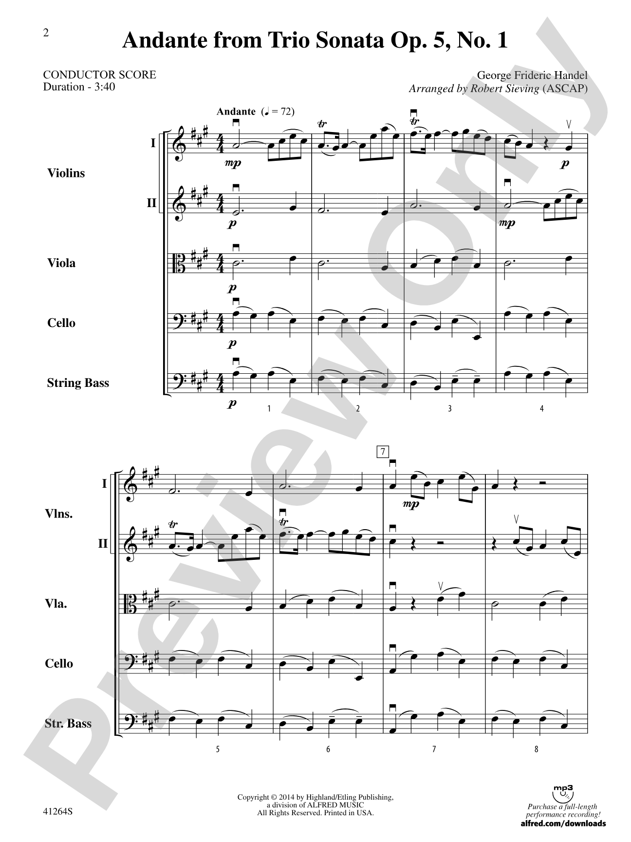 Andante from Trio Sonata Op. 5, No. 1: String Orchestra Conductor Score & Parts