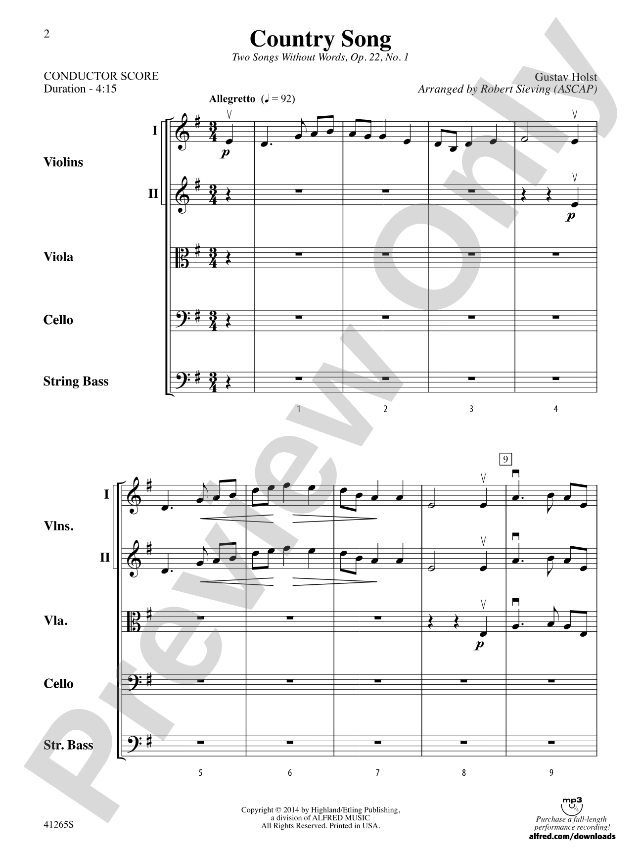 Country Song: String Orchestra Conductor Score & Parts