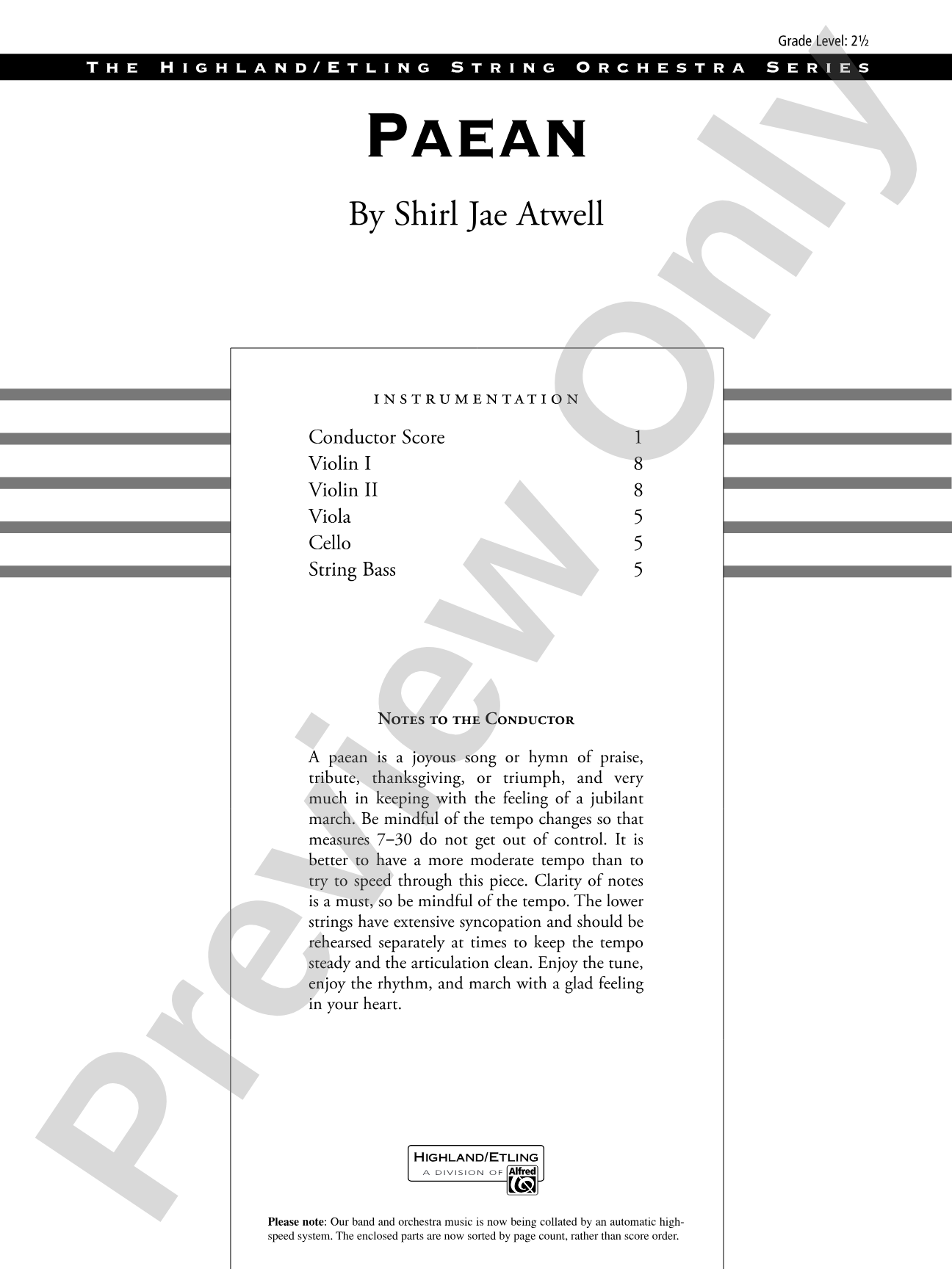 Paean: String Orchestra Conductor Score & Parts