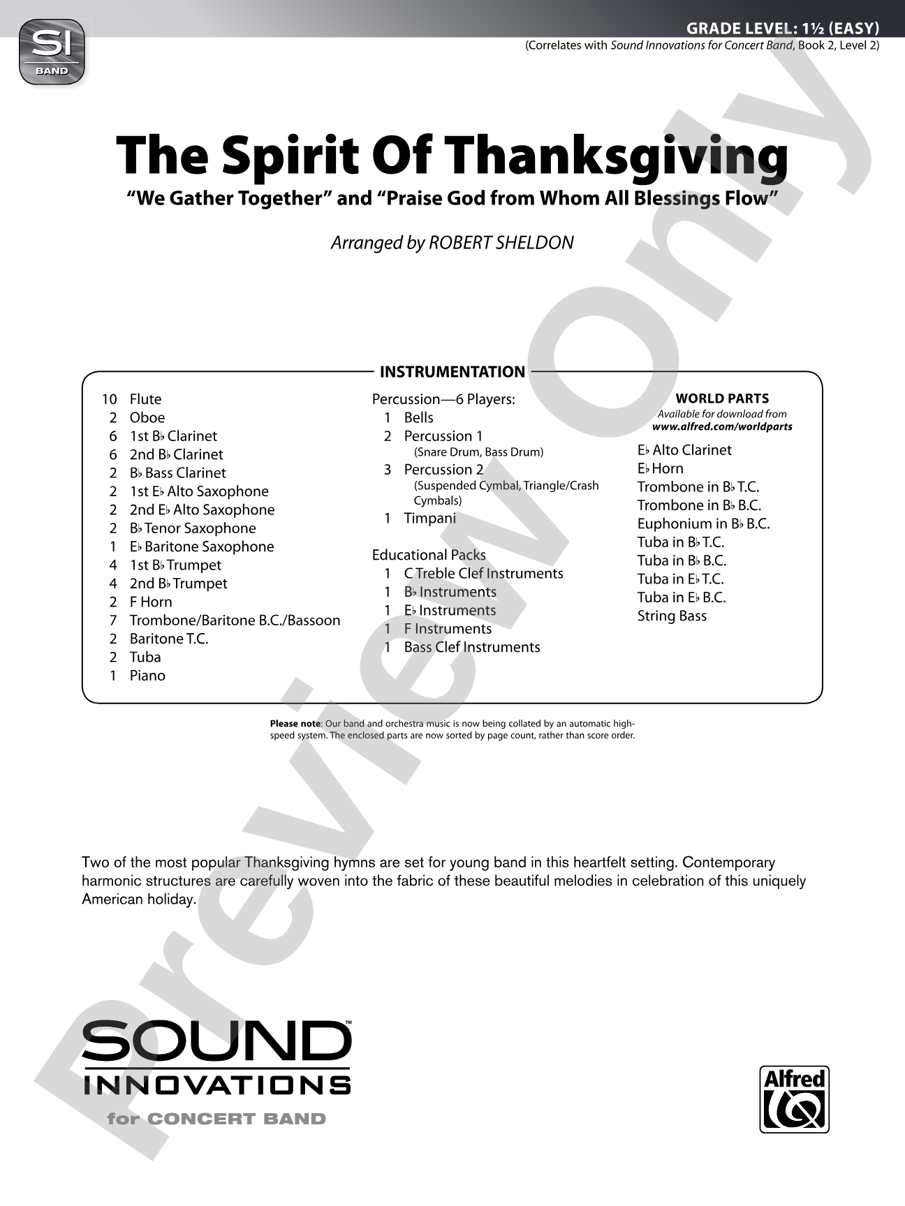 The Spirit of Thanksgiving: Concert Band Conductor Score & Parts