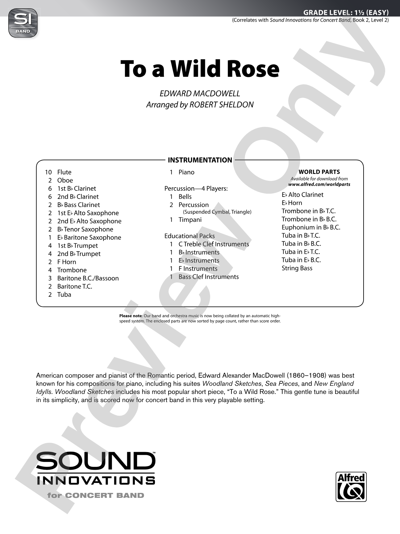 To a Wild Rose (from Woodland Sketches, Op. 51): Concert Band Conductor Score & Parts