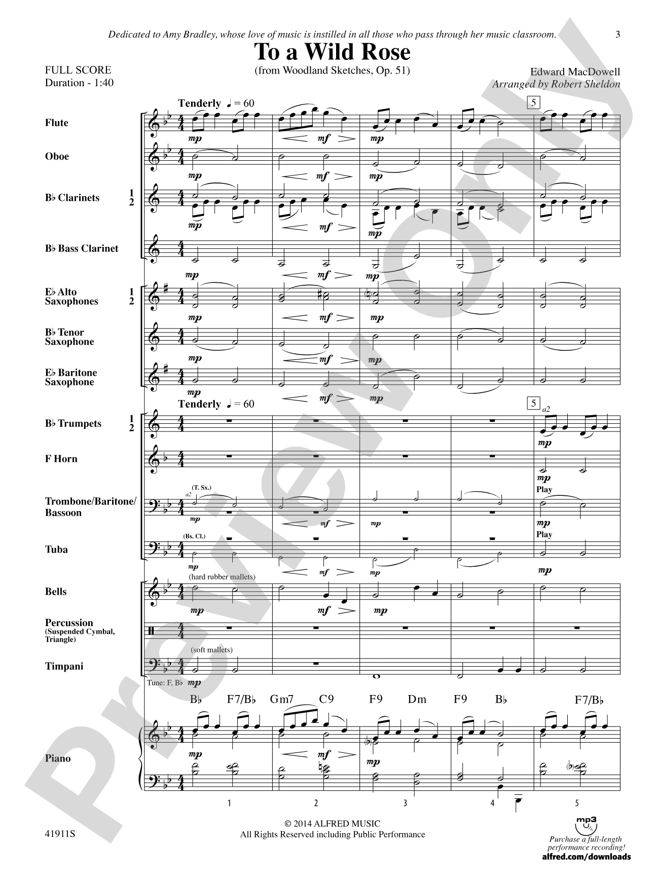 To a Wild Rose (from Woodland Sketches, Op. 51): Concert Band Conductor Score & Parts