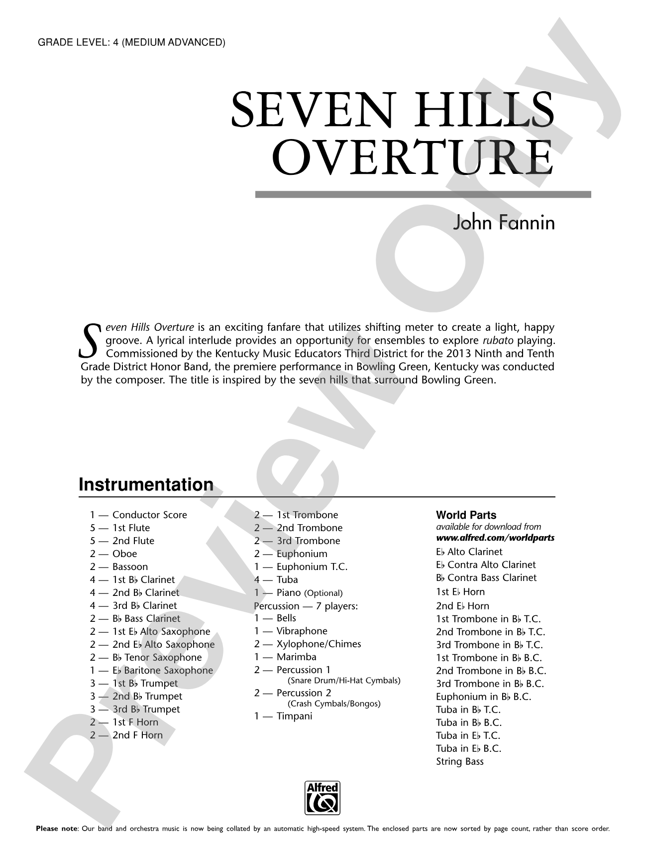 Seven Hills Overture: Concert Band Conductor Score & Parts