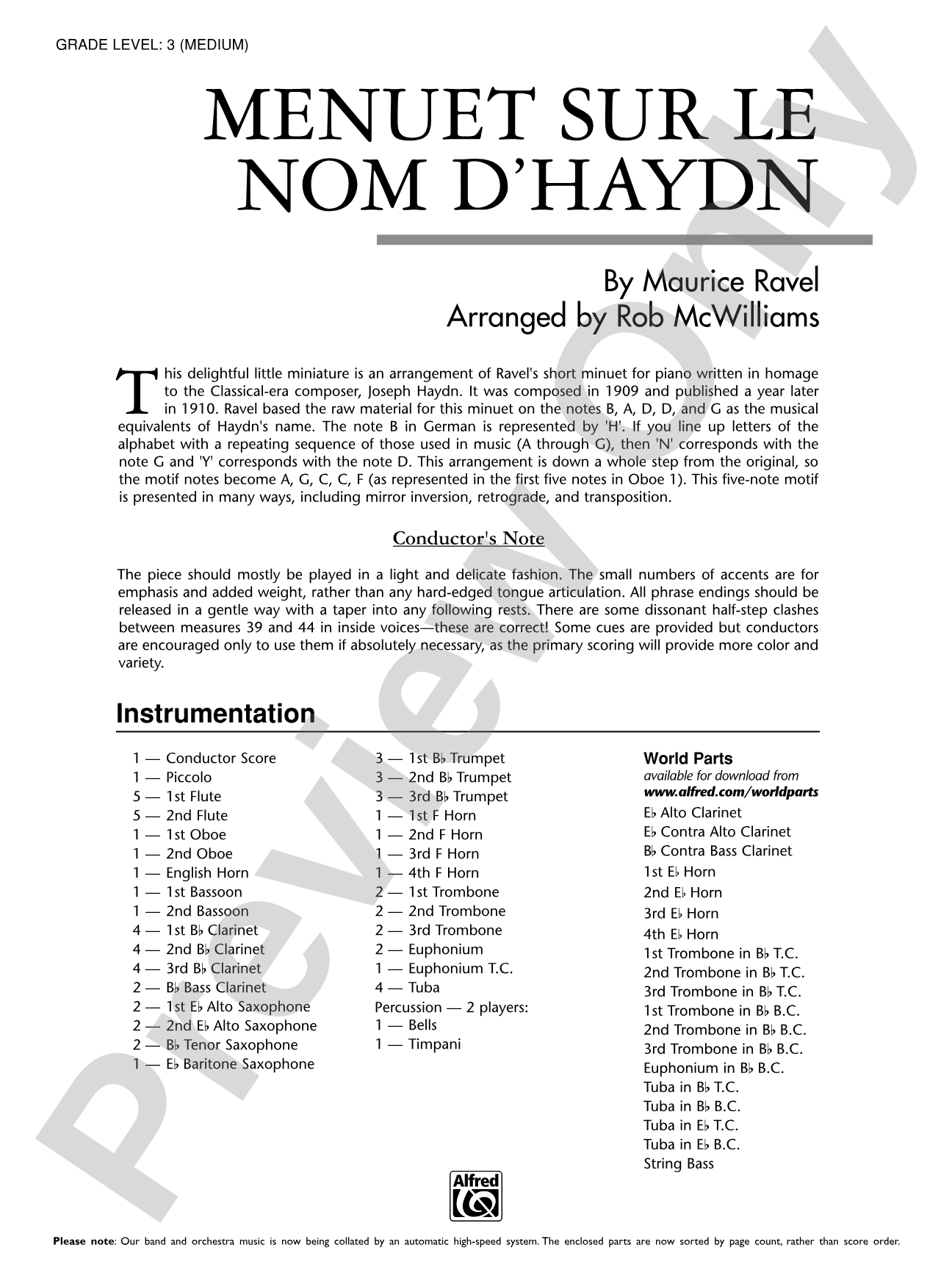 Menuet sur le nom d'Haydn: Concert Band Conductor Score & Parts