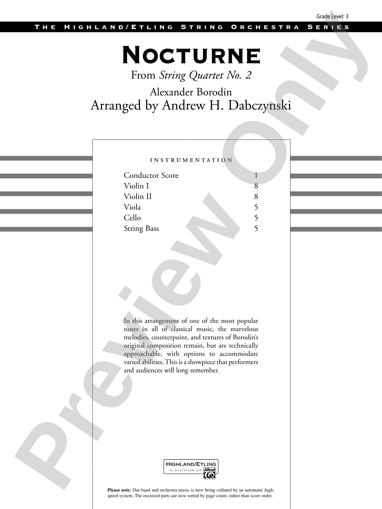 Nocturne (from String Quartet No. 2): String Orchestra Conductor Score & Parts