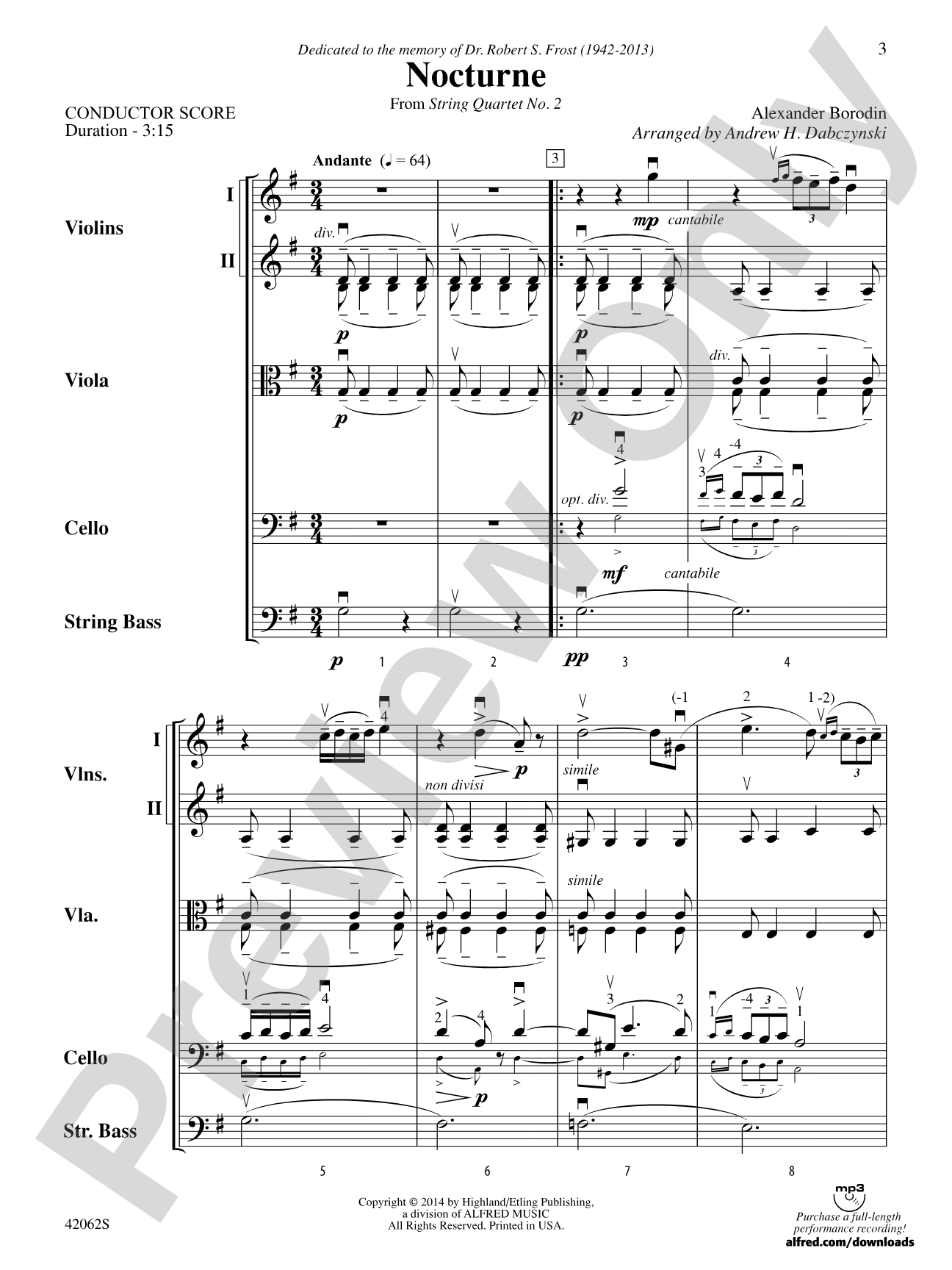 Nocturne (from String Quartet No. 2): String Orchestra Conductor Score & Parts