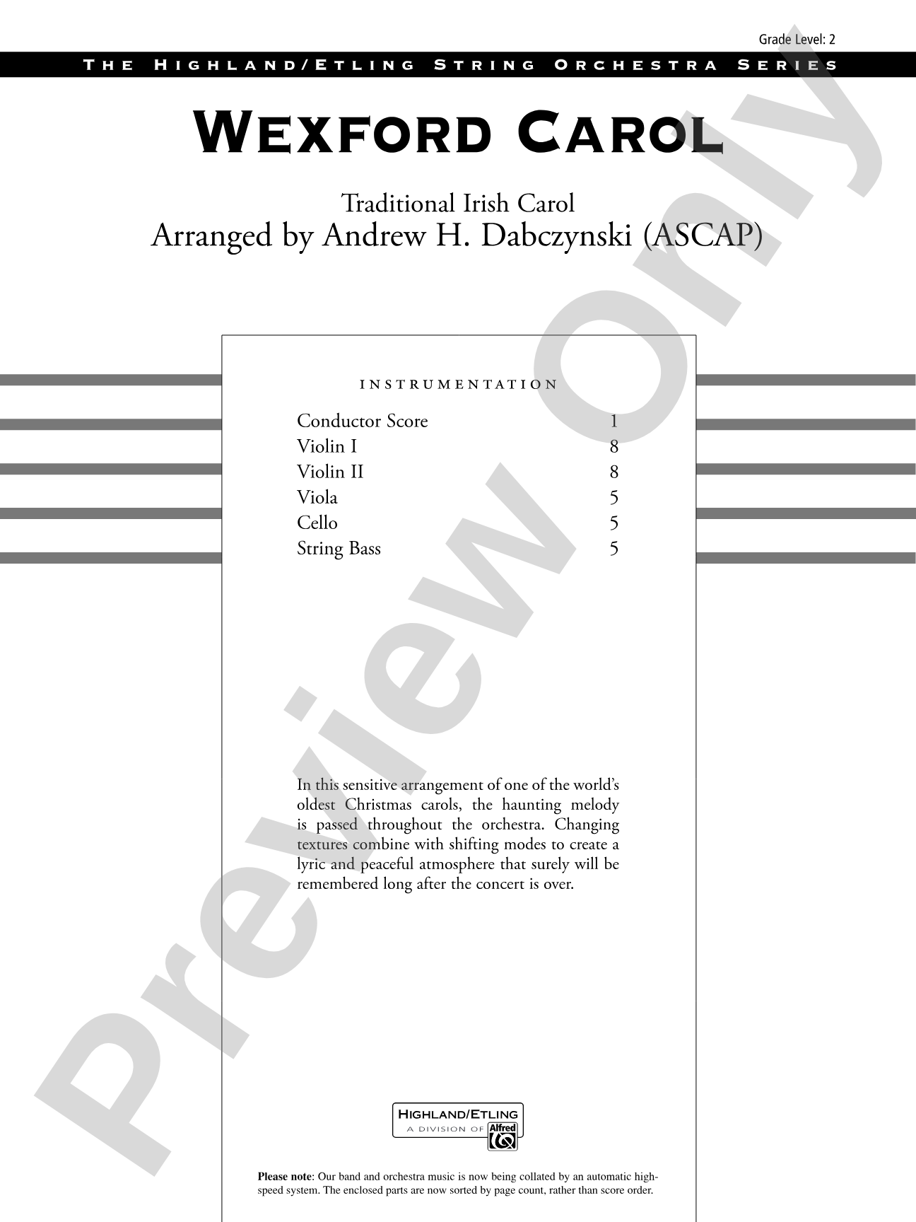 Wexford Carol: String Orchestra Conductor Score & Parts