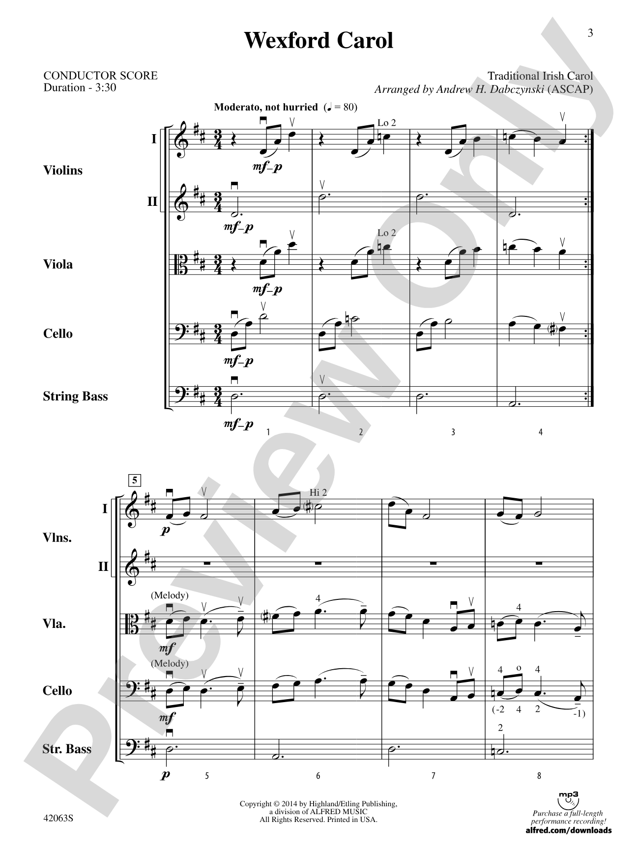 Wexford Carol: String Orchestra Conductor Score & Parts