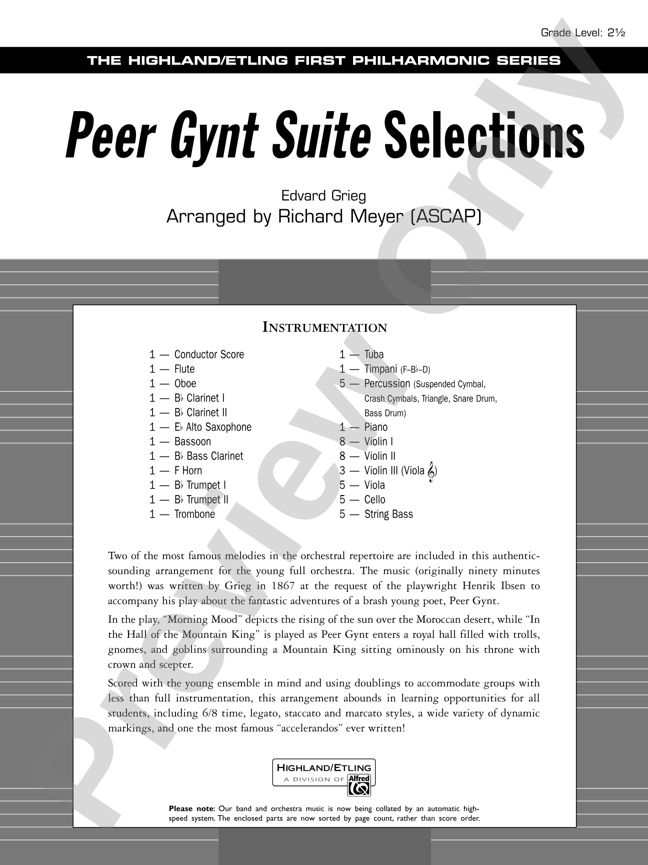 Peer Gynt Suite Selections: Full Orchestra Conductor Score & Parts