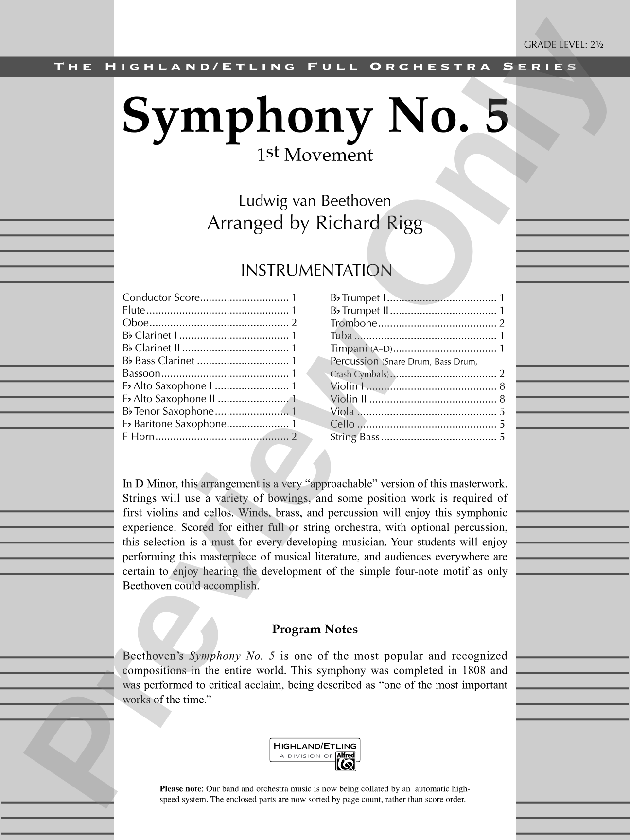 Symphony No. 5: Full Orchestra Conductor Score & Parts
