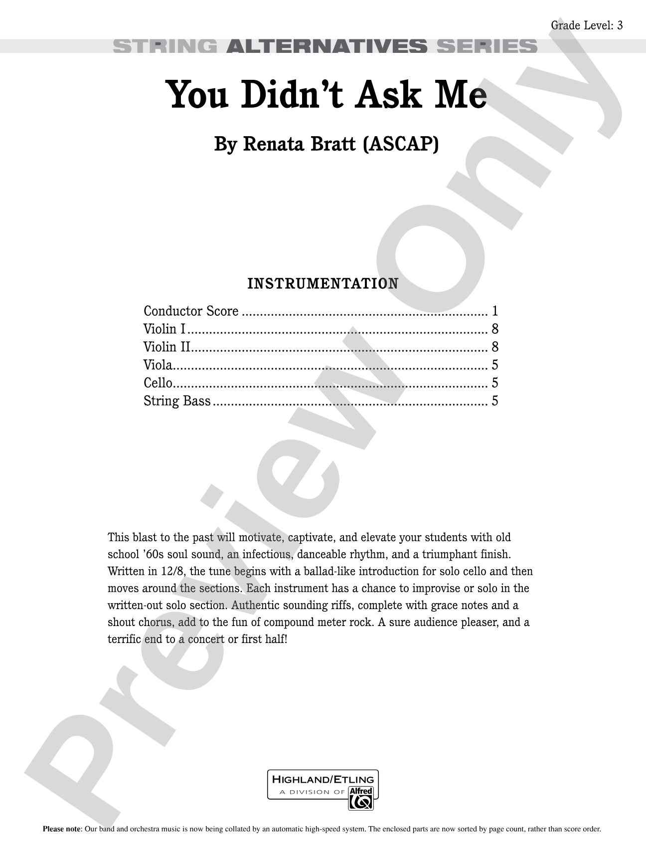 You Didn't Ask Me: String Orchestra Conductor Score & Parts