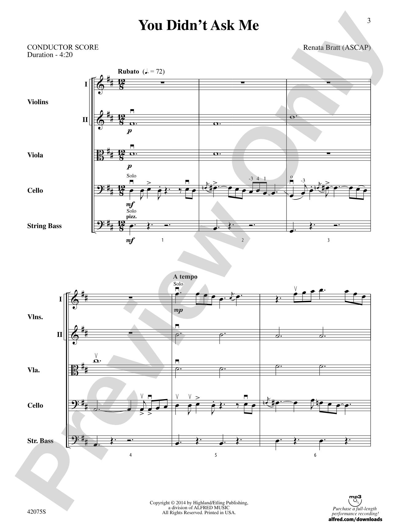You Didn't Ask Me: String Orchestra Conductor Score & Parts