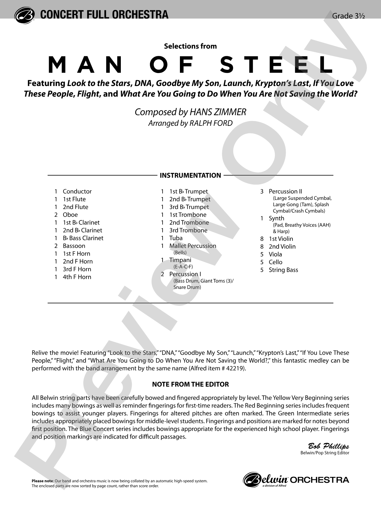 Man of Steel, Selections from: Full Orchestra Conductor Score & Parts