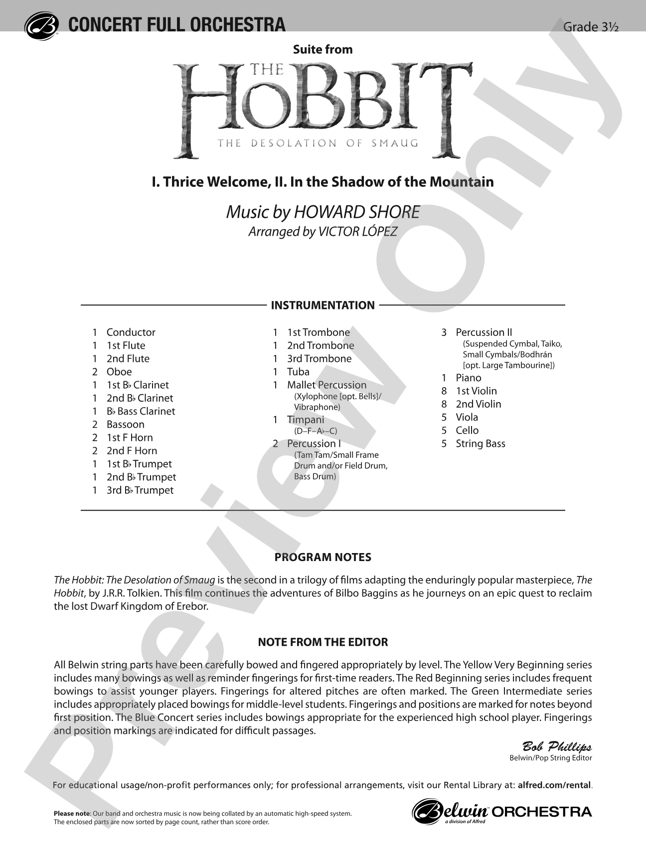 Suite from The Hobbit: The Desolation of Smaug: Full Orchestra Conductor Score & Parts