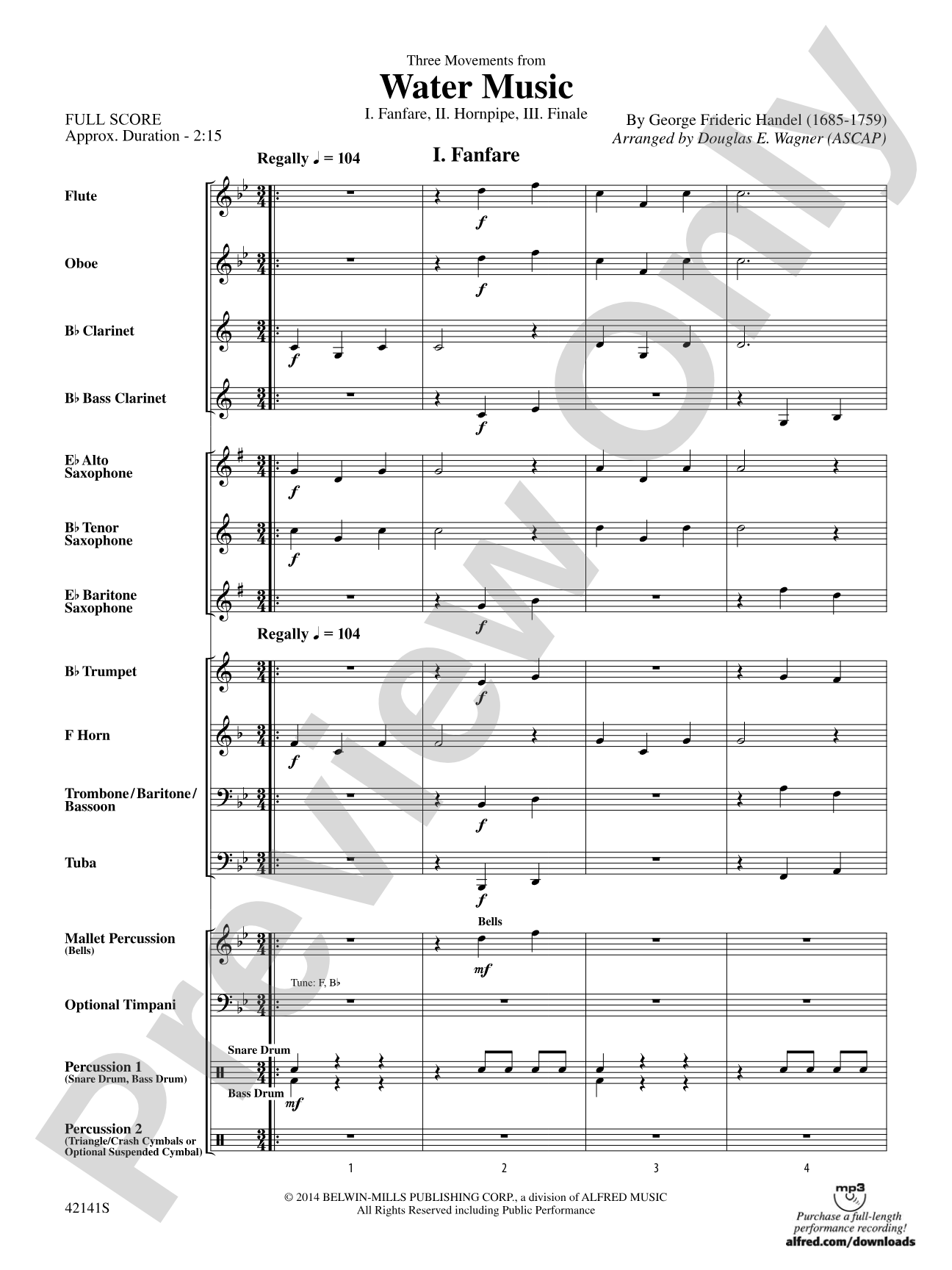 Three Movements from Water Music: Concert Band Conductor Score & Parts