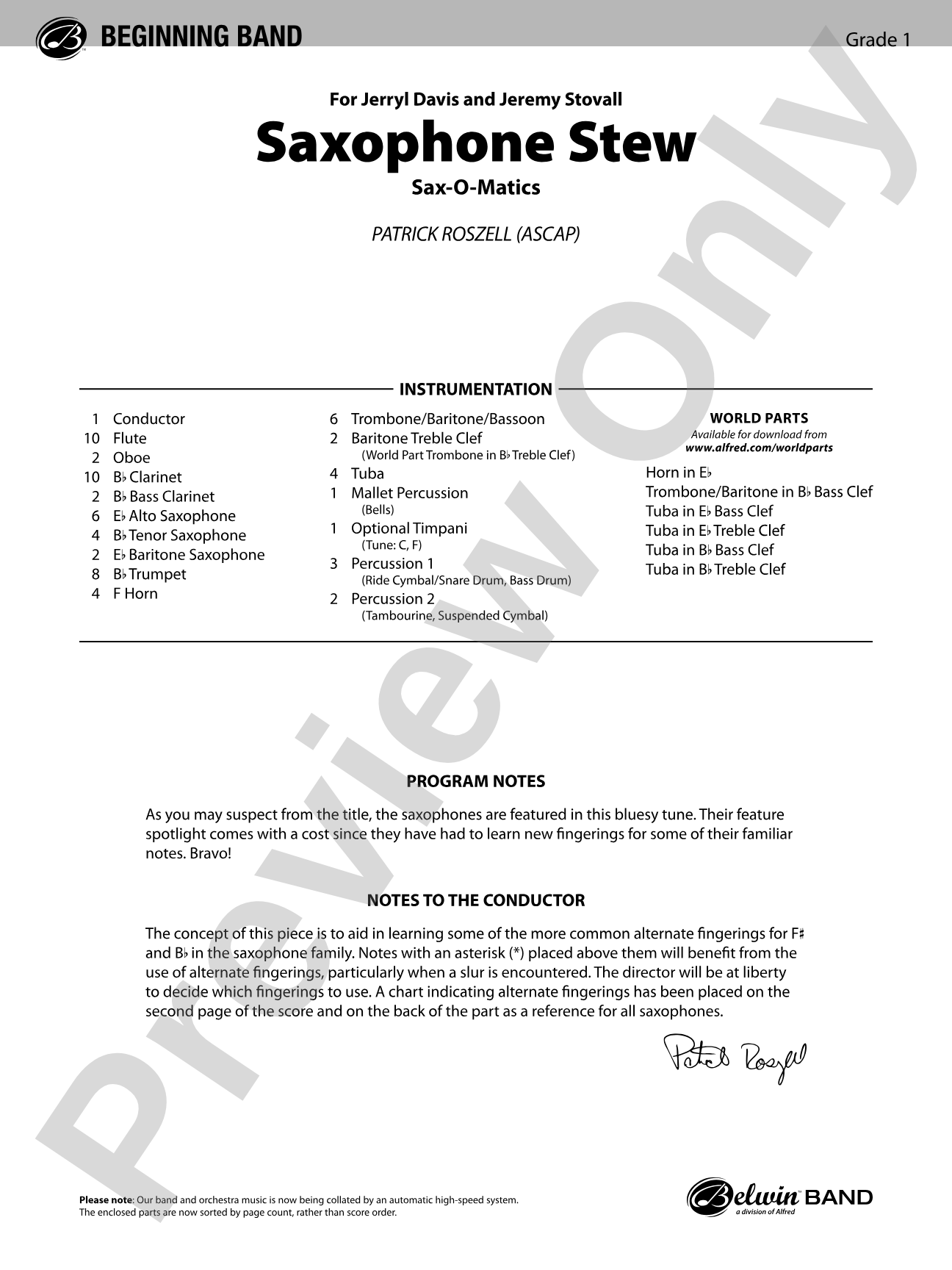 Saxophone Stew: Concert Band Conductor Score & Parts
