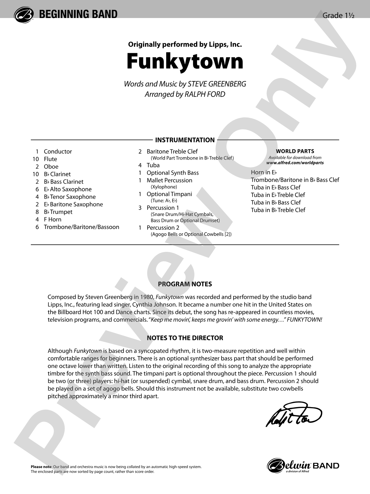 Funkytown: Concert Band Conductor Score & Parts