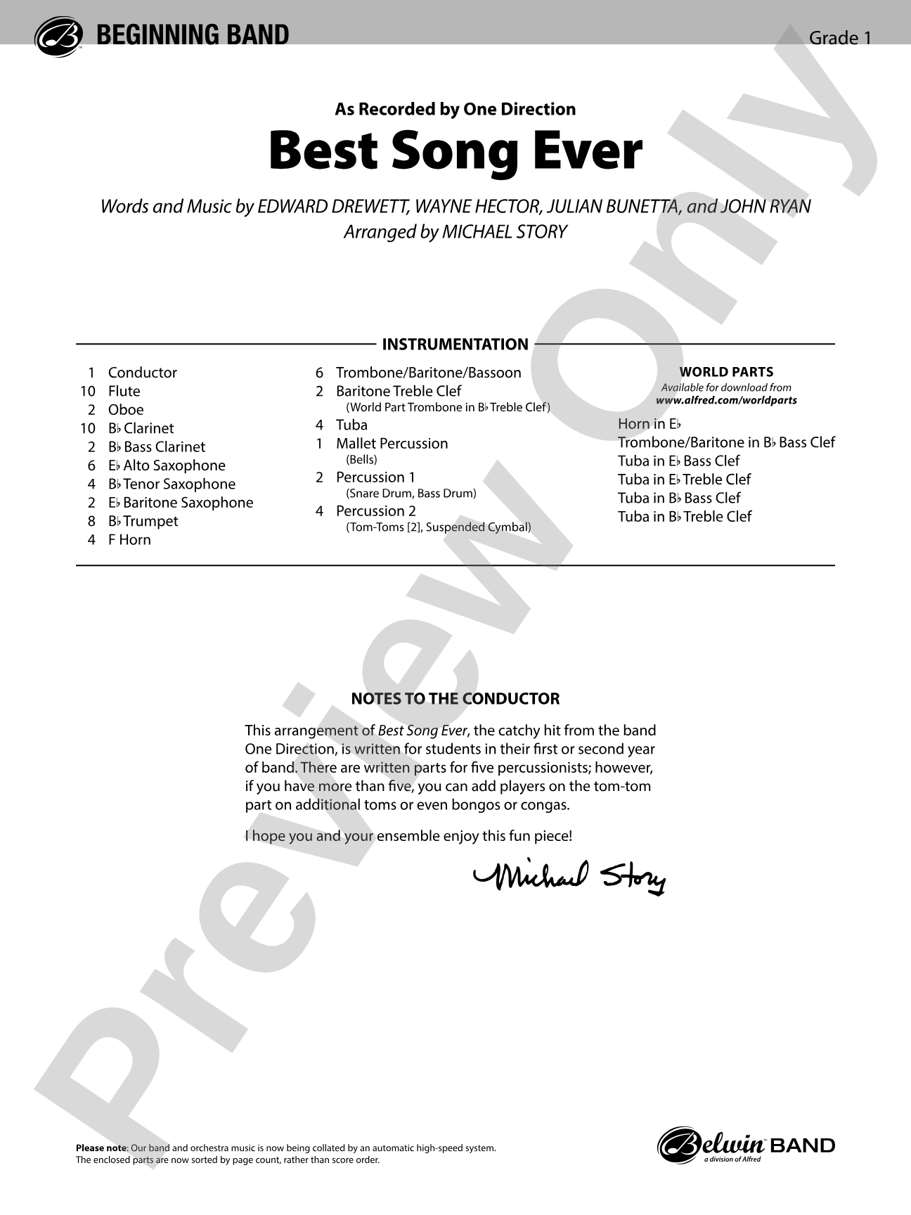 Best Song Ever: Concert Band Conductor Score & Parts