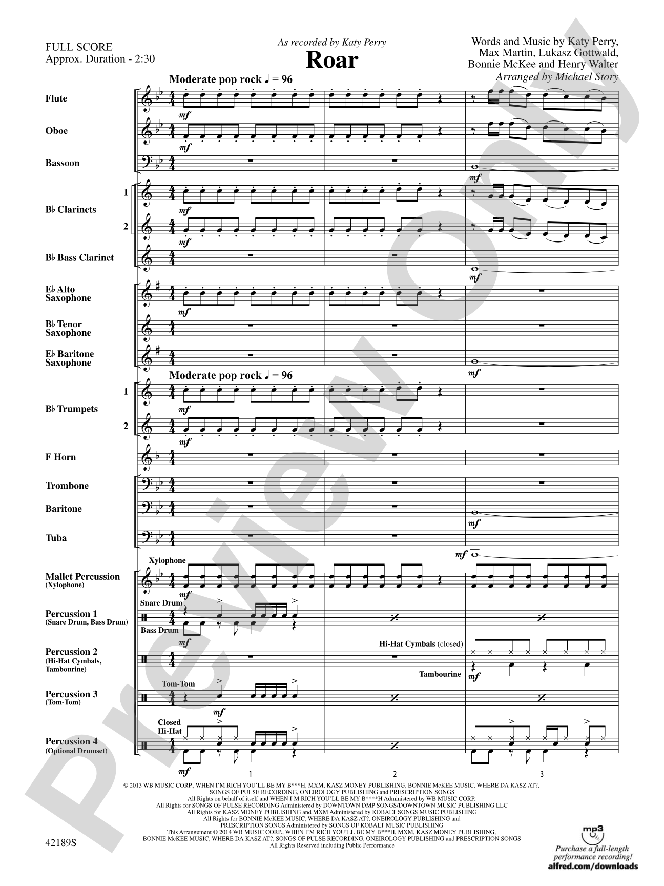 Roar: Concert Band Conductor Score & Parts