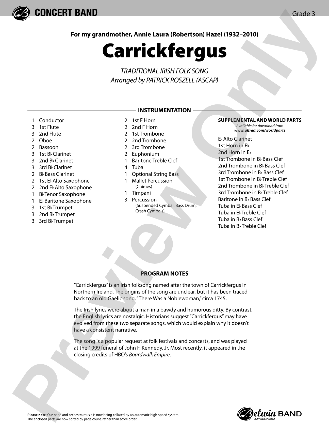 Carrickfergus: Concert Band Conductor Score & Parts