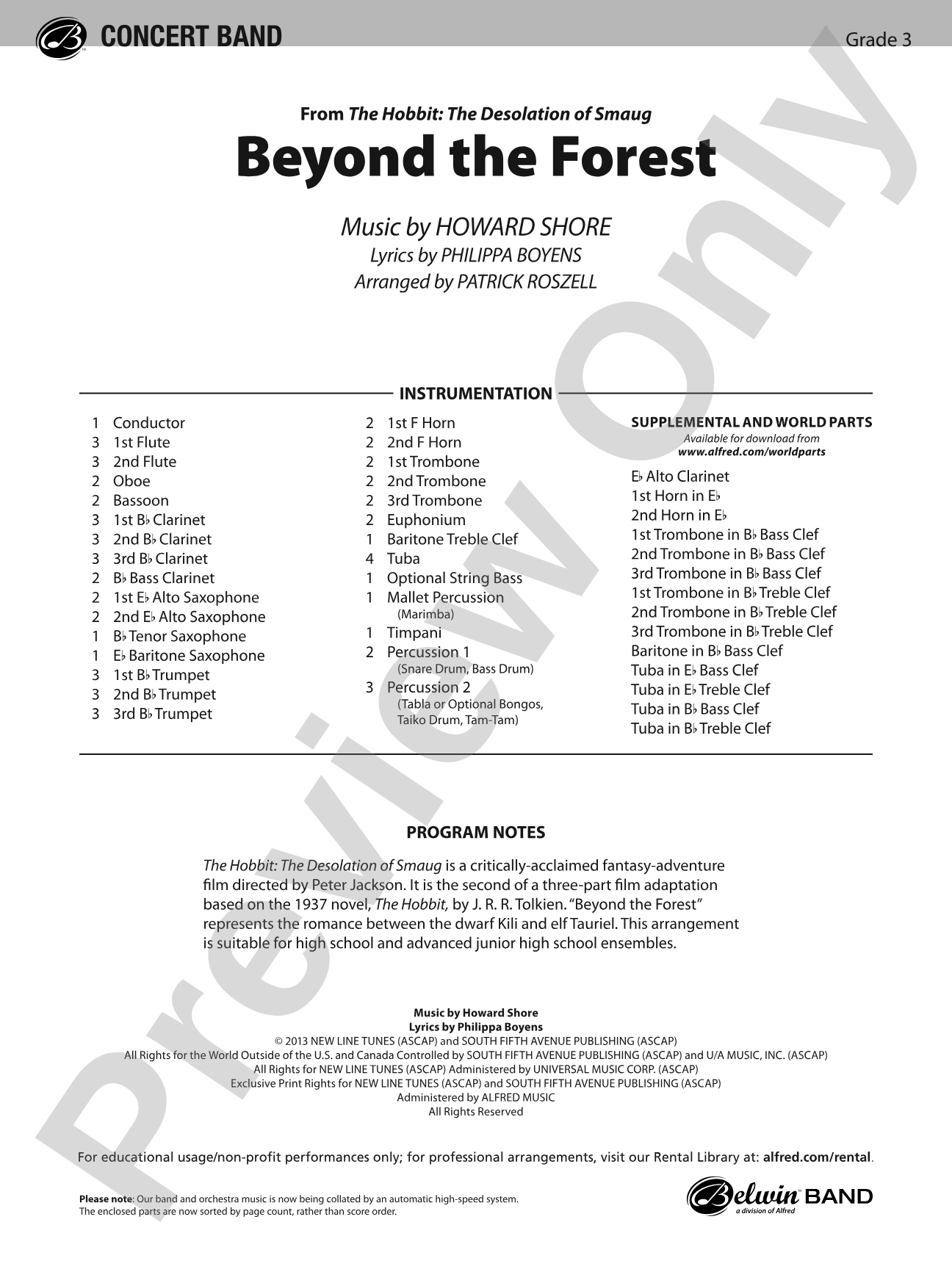 Beyond the Forest (from The Hobbit: The Desolation of Smaug): Concert Band Conductor Score & Parts