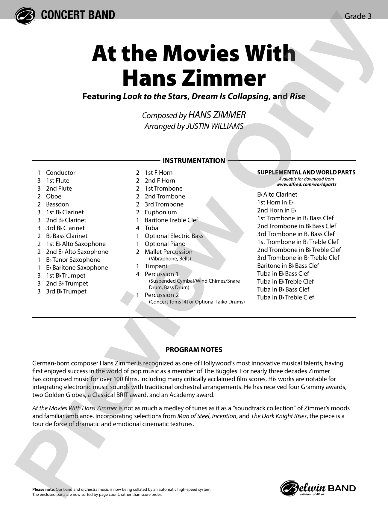 At the Movies with Hans Zimmer: Concert Band Conductor Score & Parts