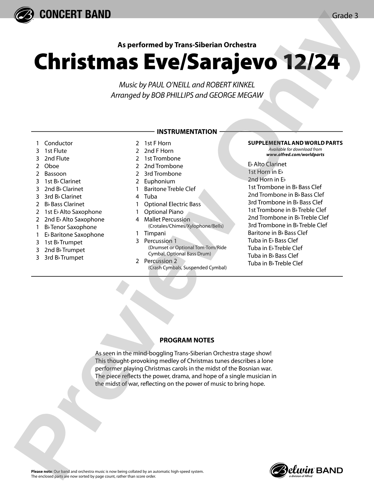 Christmas Eve/Sarajevo 12/24: Concert Band Conductor Score & Parts