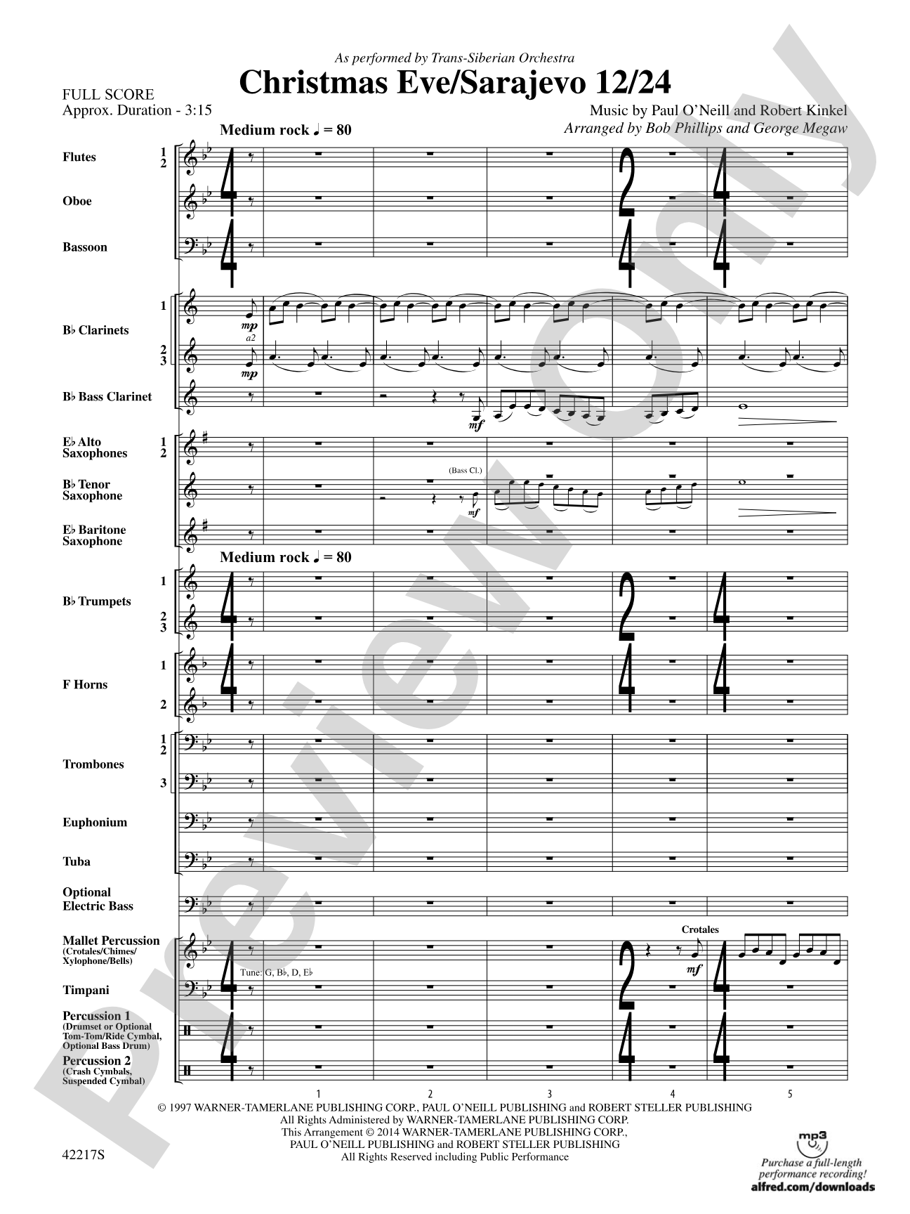 Christmas Eve/Sarajevo 12/24: Concert Band Conductor Score & Parts