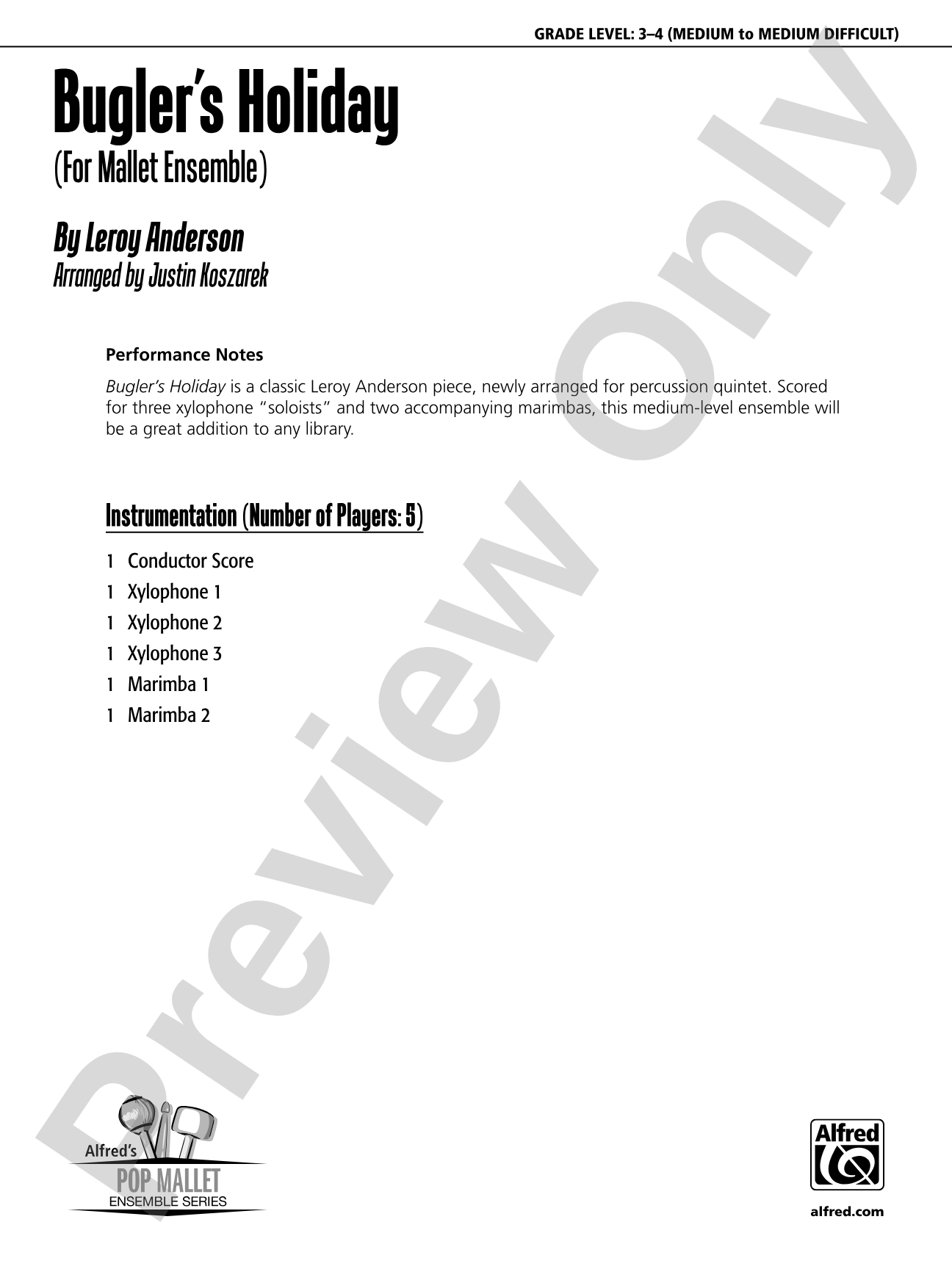 Bugler's Holiday: Percussion Ensemble Conductor Score & Parts