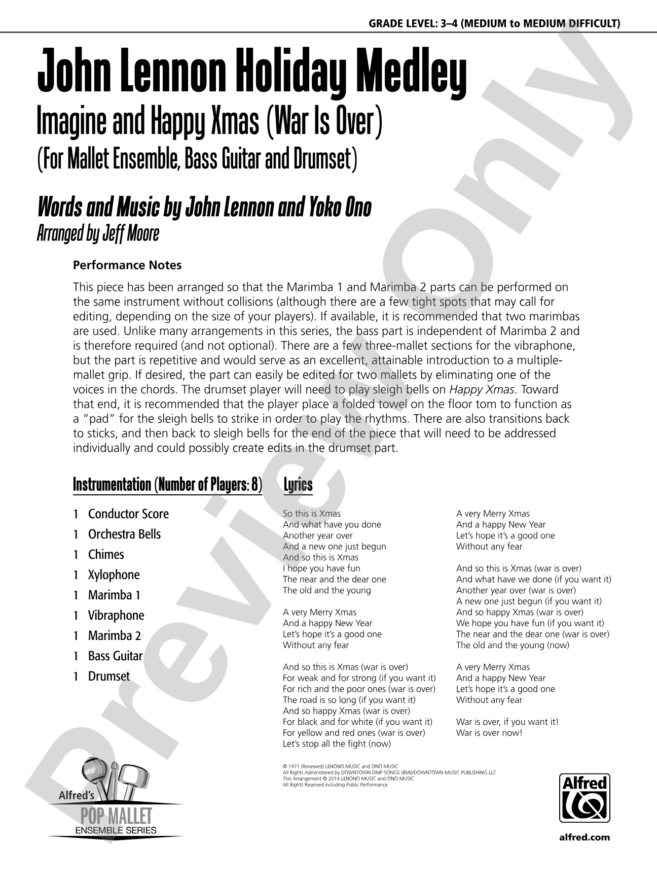 John Lennon Holiday Medley: Percussion Ensemble Conductor Score & Parts