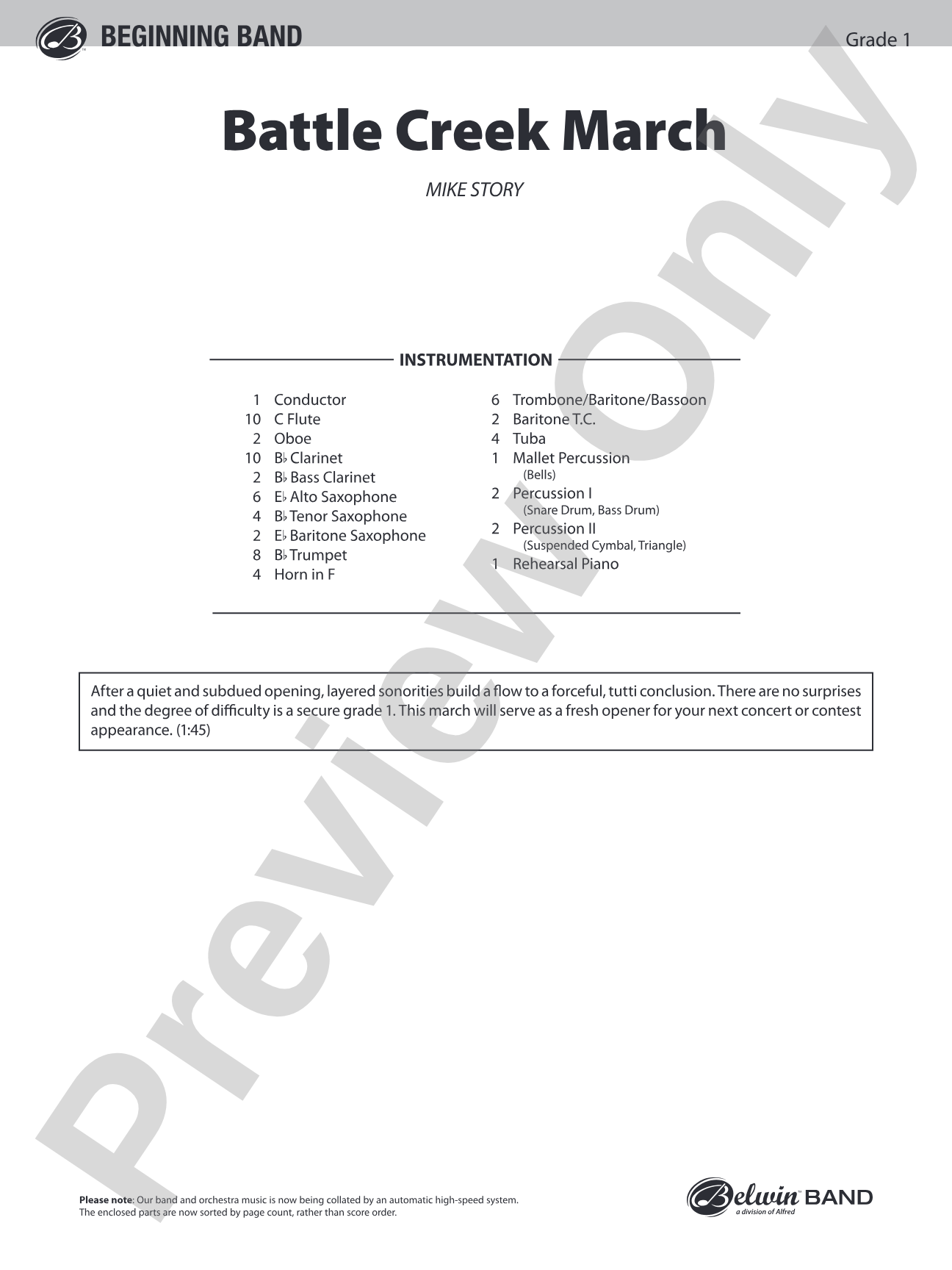 Battle Creek March: Concert Band Conductor Score & Parts