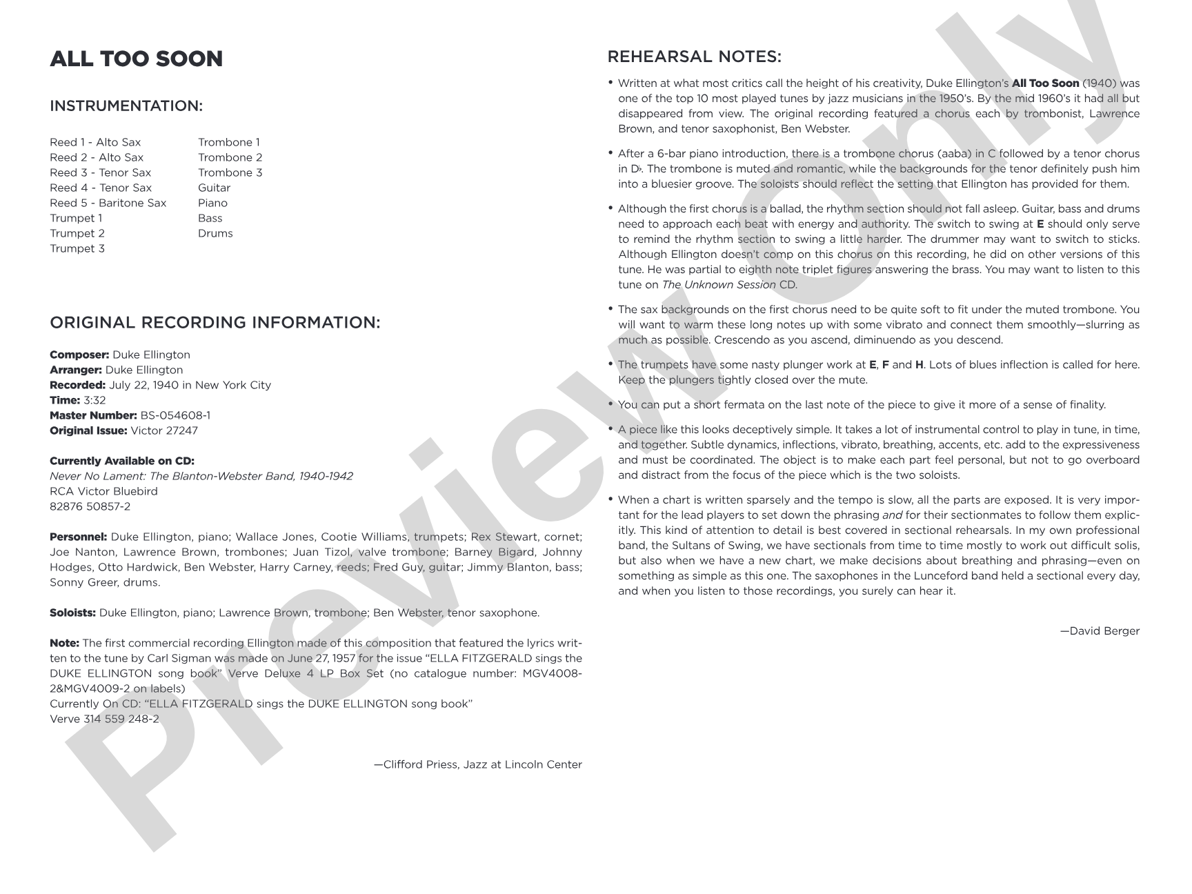 All Too Soon: Jazz Ensemble Conductor Score & Parts