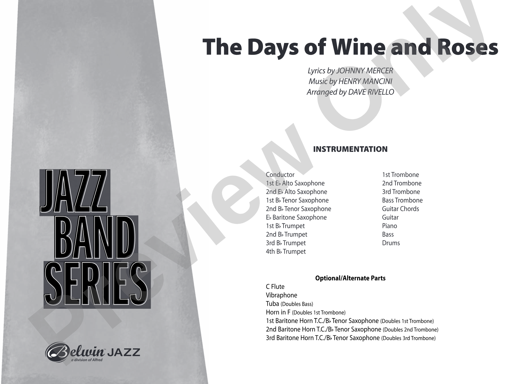 The Days of Wine and Roses: Jazz Ensemble Conductor Score & Parts