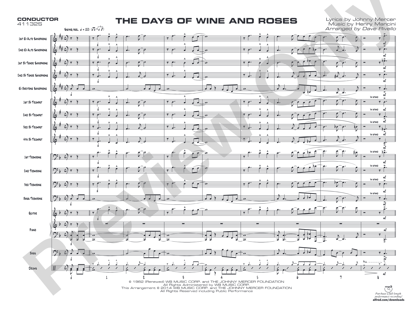 The Days of Wine and Roses: Jazz Ensemble Conductor Score & Parts