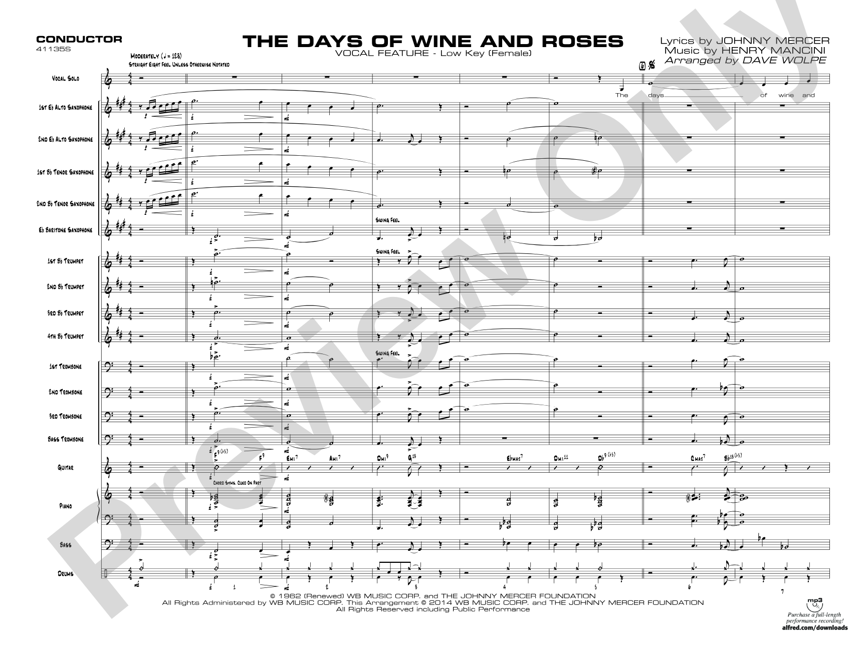 The Days of Wine and Roses: Vocal Solo with Jazz Ensemble Conductor Score & Parts