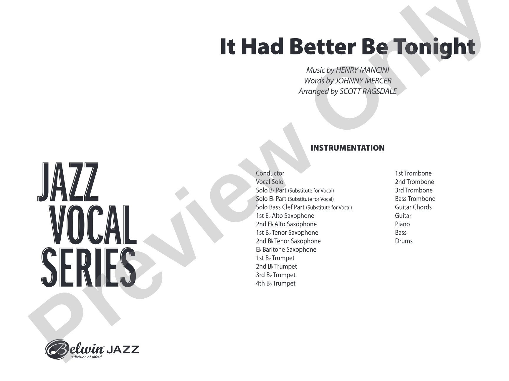 It Had Better Be Tonight: Vocal Solo with Jazz Ensemble Conductor Score & Parts