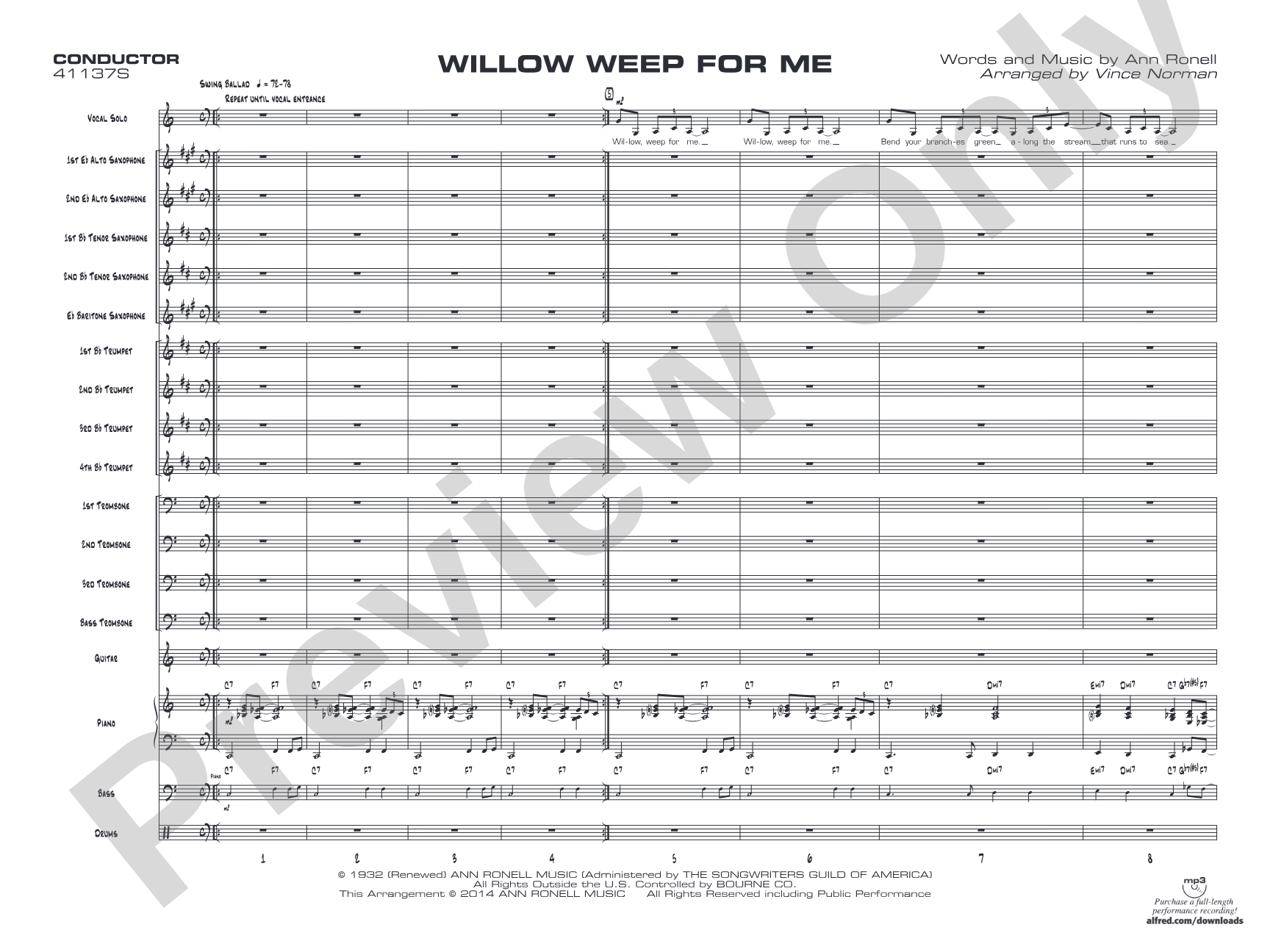 Willow Weep for Me: Vocal Solo with Jazz Ensemble Conductor Score & Parts