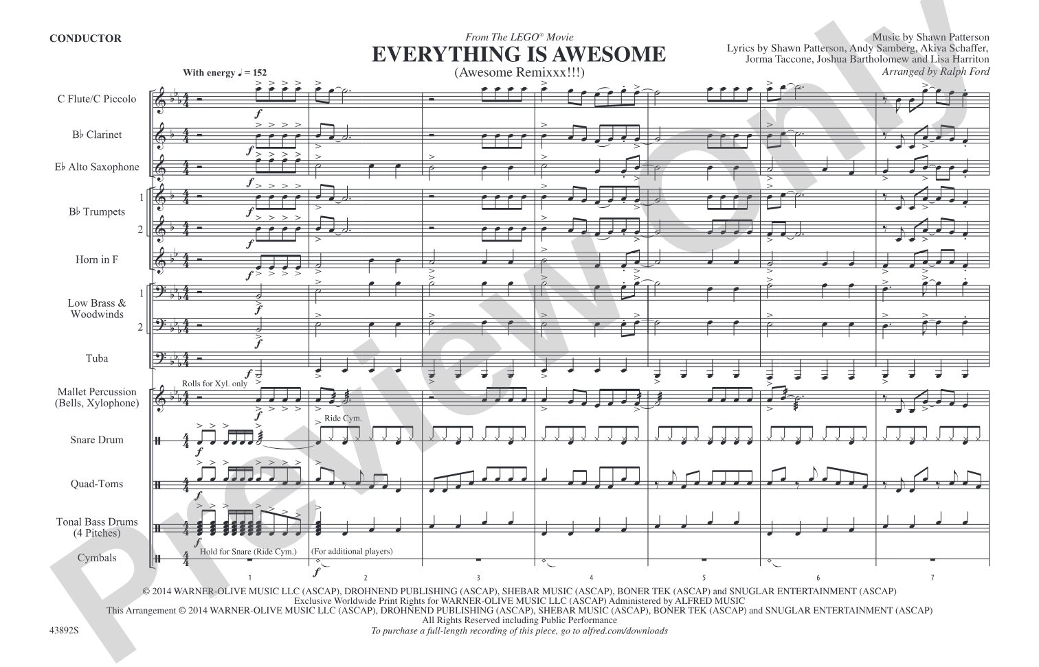 Everything Is Awesome (from The Lego® Movie): Marching Band Conductor Score & Parts