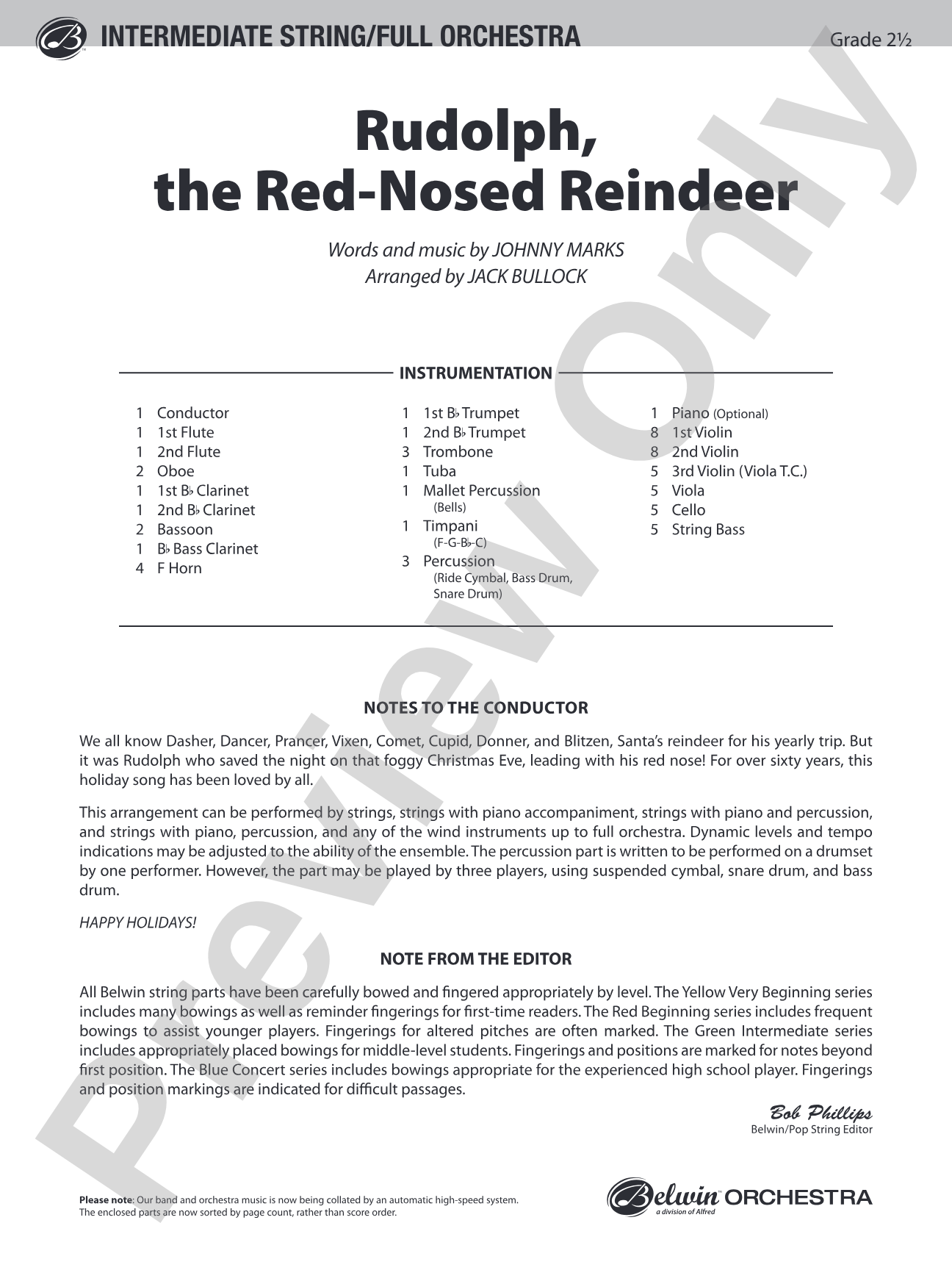 Rudolph, the Red-Nosed Reindeer: Full Orchestra Conductor Score & Parts