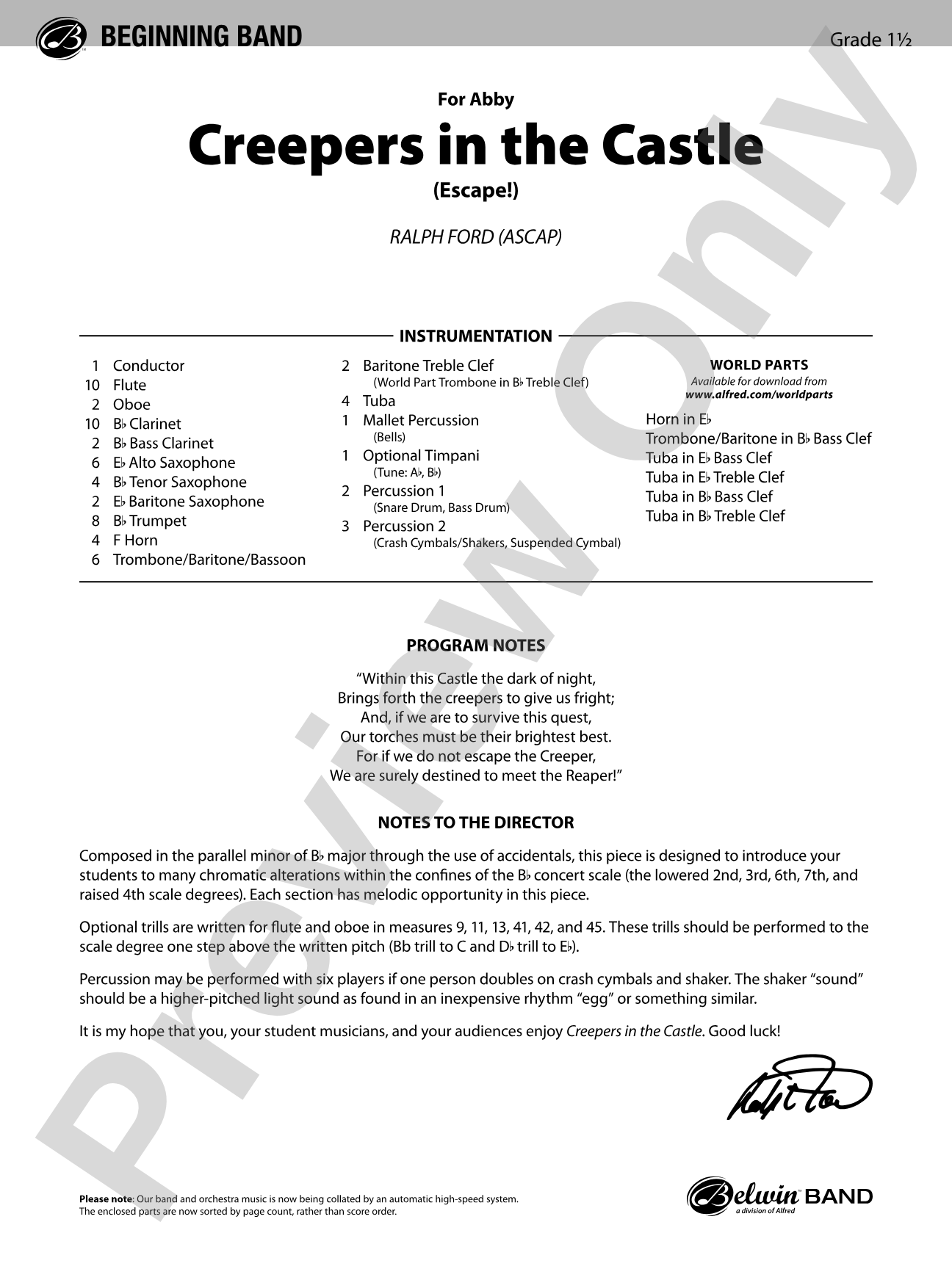 Creepers in the Castle: Concert Band Conductor Score & Parts
