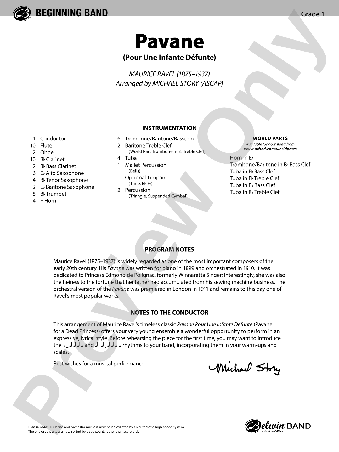 Pavane: Concert Band Conductor Score & Parts