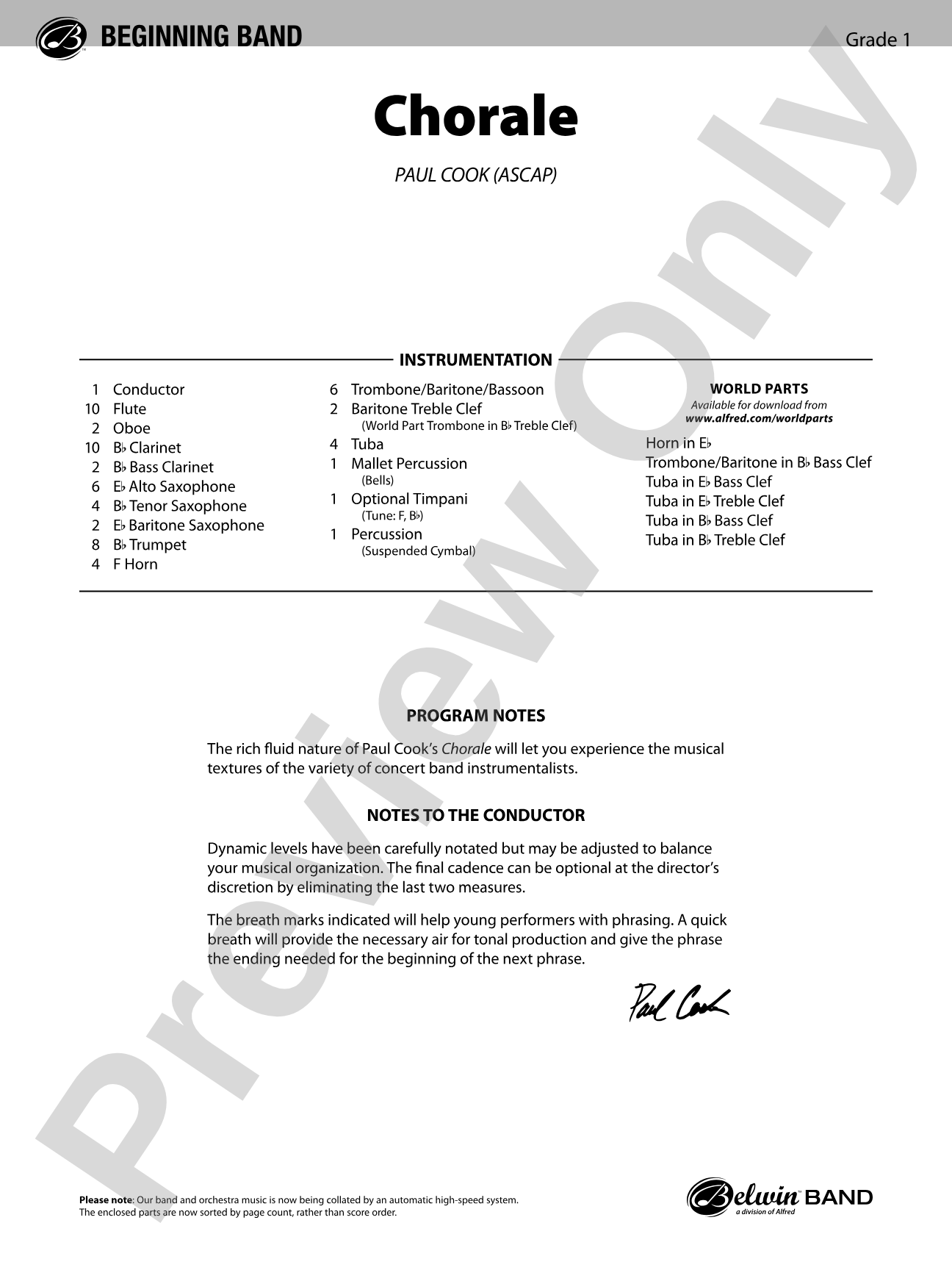 Chorale: Concert Band Conductor Score & Parts